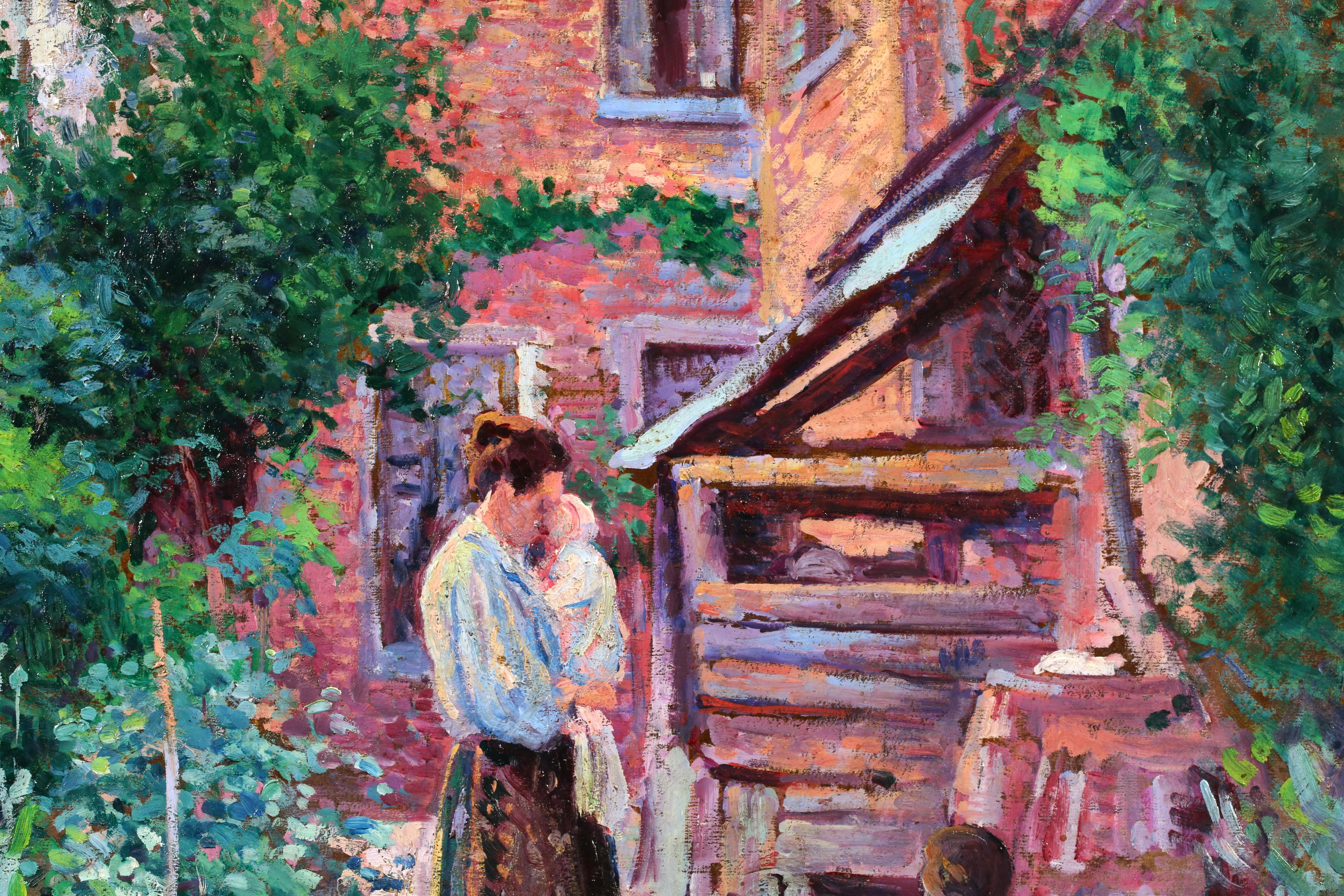 Jardin a Gisors - Figures impressionnistes dans un paysage Huile de Maximillien Luce - Marron Landscape Painting par Maximilien Luce