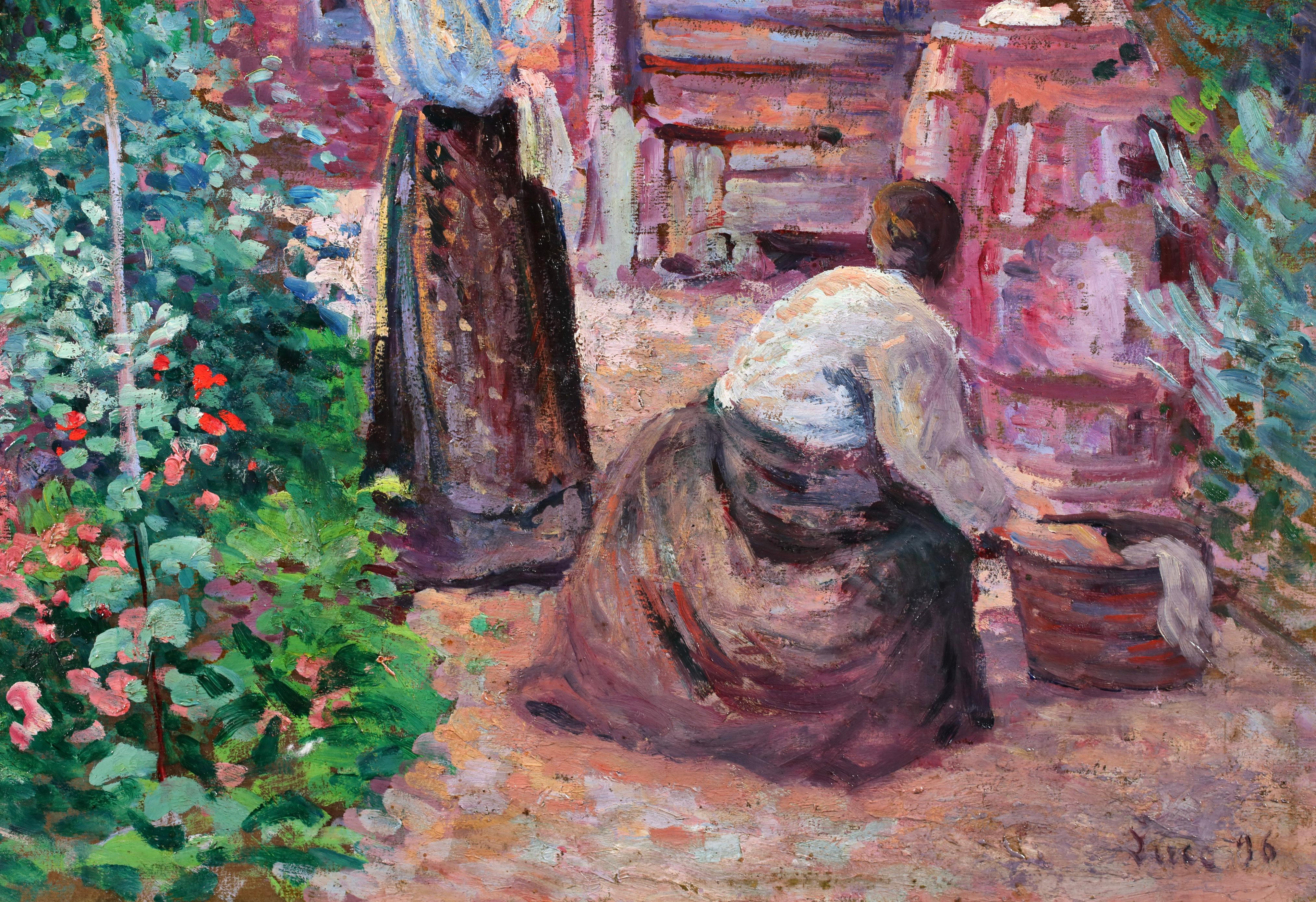 Huile sur toile du peintre impressionniste français Maximilien Luce, signée et datée, représentant des figures dans un paysage. L'œuvre représente deux femmes dans un jardin à Gisors, une commune du département français de l'Eure, en Normandie, en