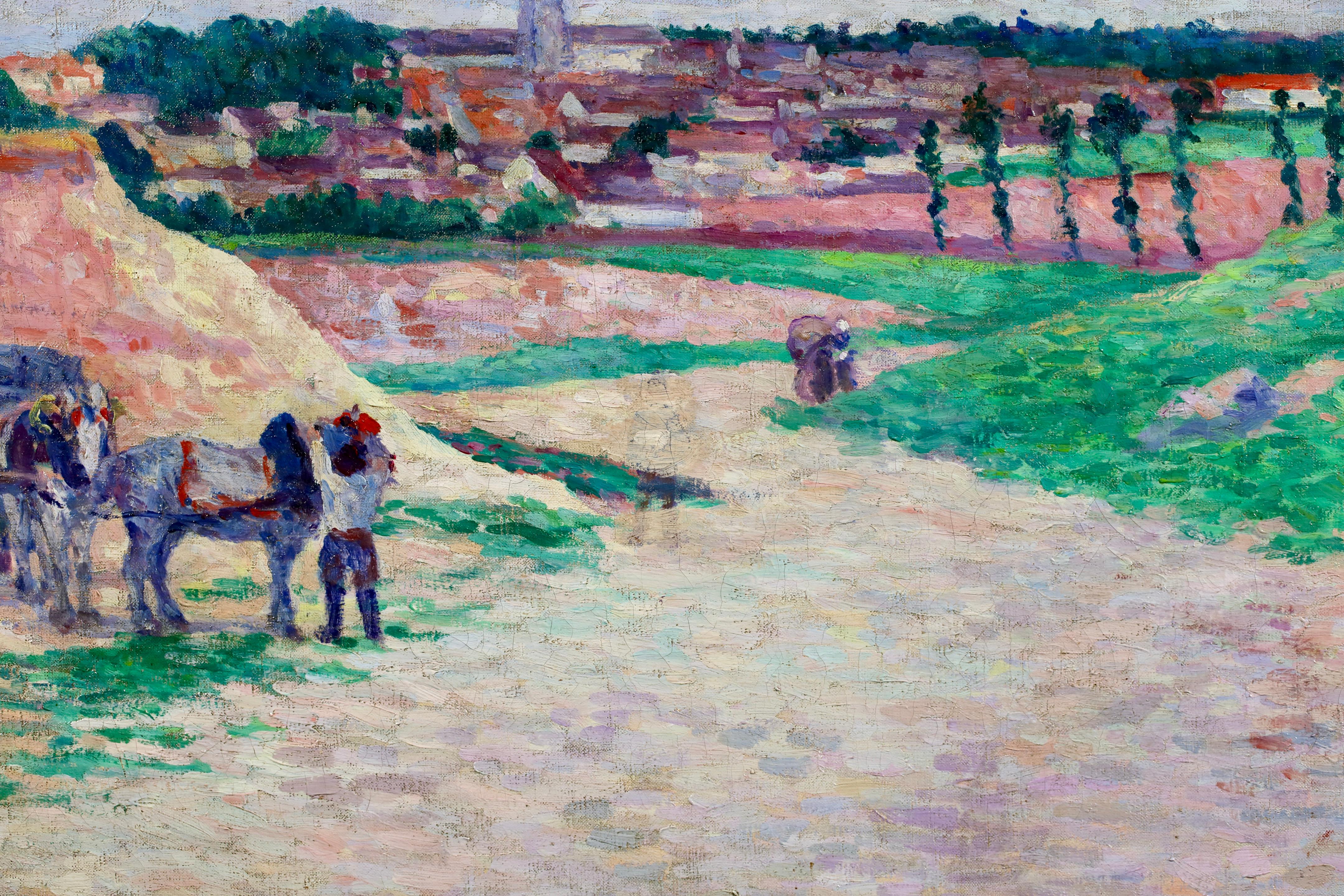 L'entree du village - Óleo impresionista Figuras en paisaje de Maximillien Luce - Landscape Painting Marrón de Maximilien Luce