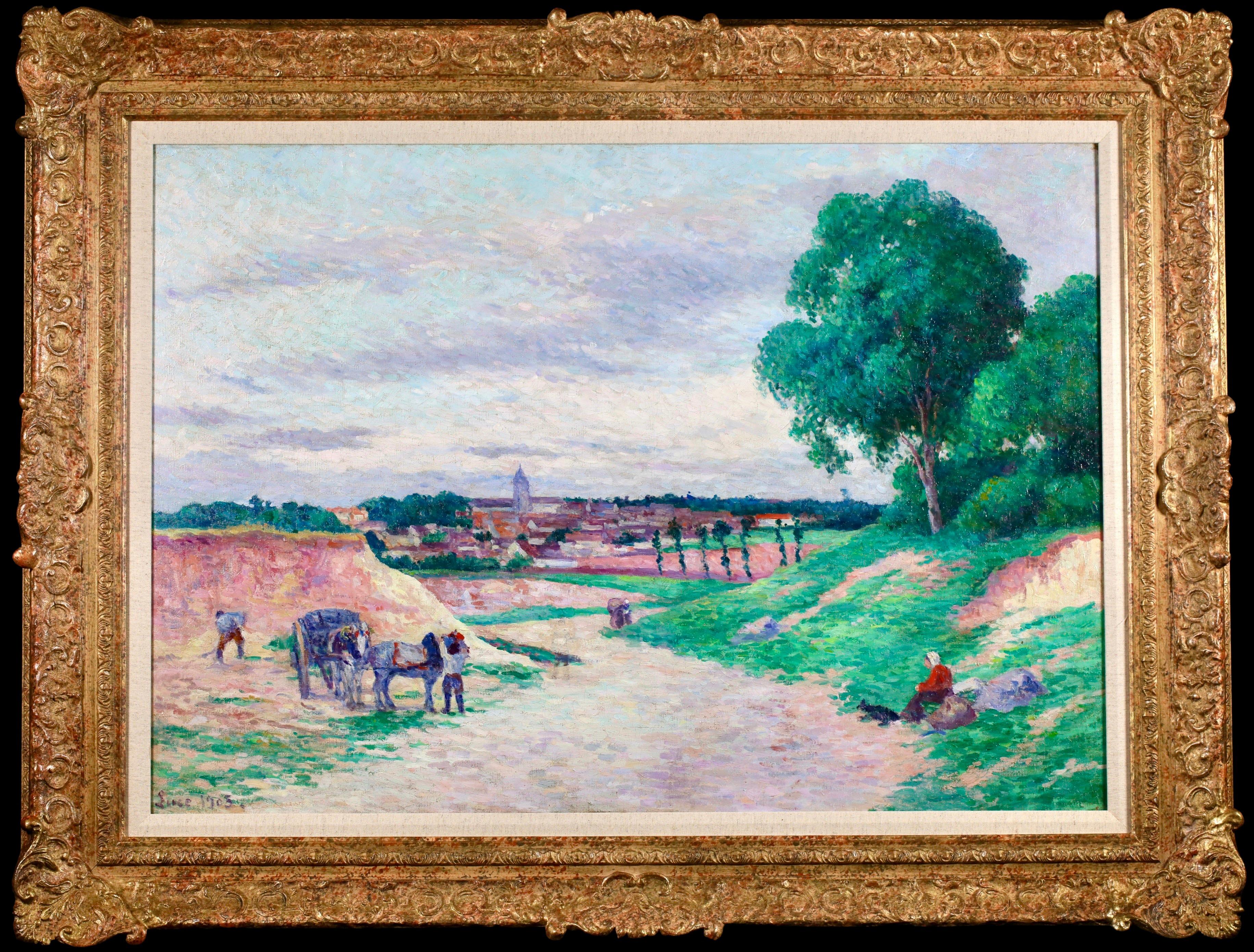 Landscape Painting de Maximilien Luce - L'entree du village - Óleo impresionista Figuras en paisaje de Maximillien Luce