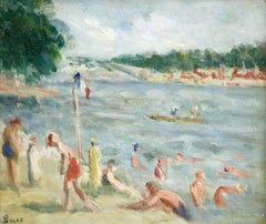 Les Baigneuses - 19th Century Oil, Figures at the Beach by Maximilien Luce