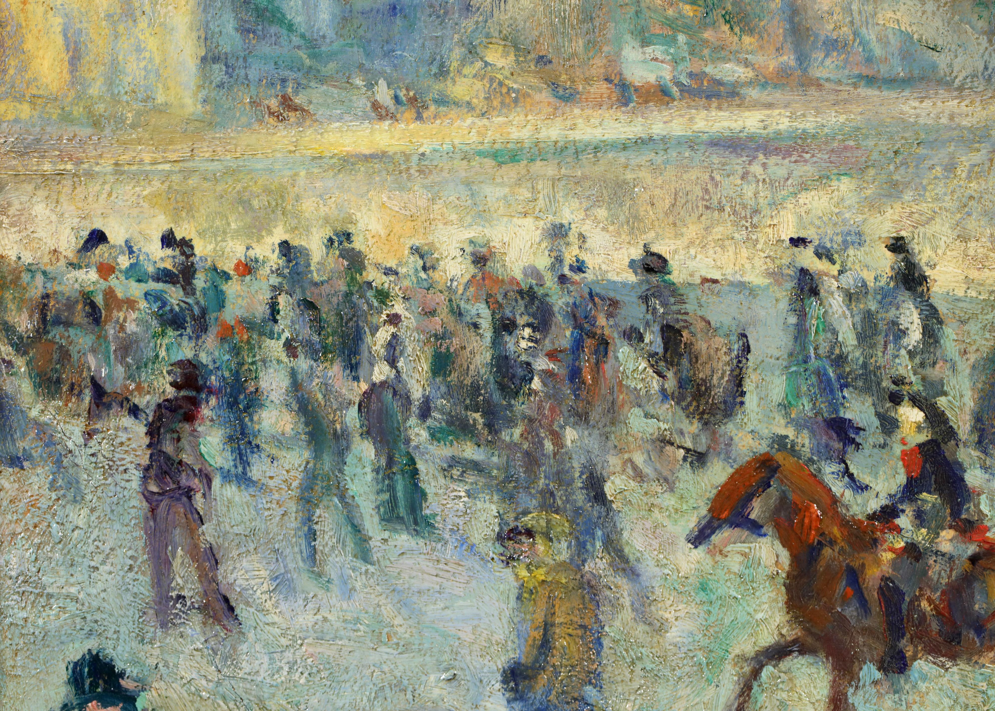 Figure firmate in un paesaggio urbano olio su tela del 1905 circa del pittore impressionista francese Maximilien Luce. L'opera raffigura una veduta di Parigi in Francia.  In primo piano c'è un'animata scena di strada con cittadini, cavalli e carri.