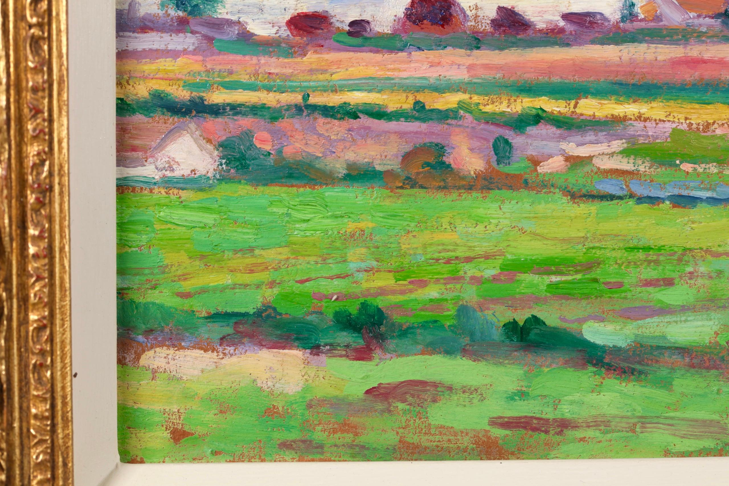 Paysage a Moulineux - Paesaggio impressionista dipinto a olio da Maximillien Luce - Figurative Painting Marrone di Maximilien Luce
