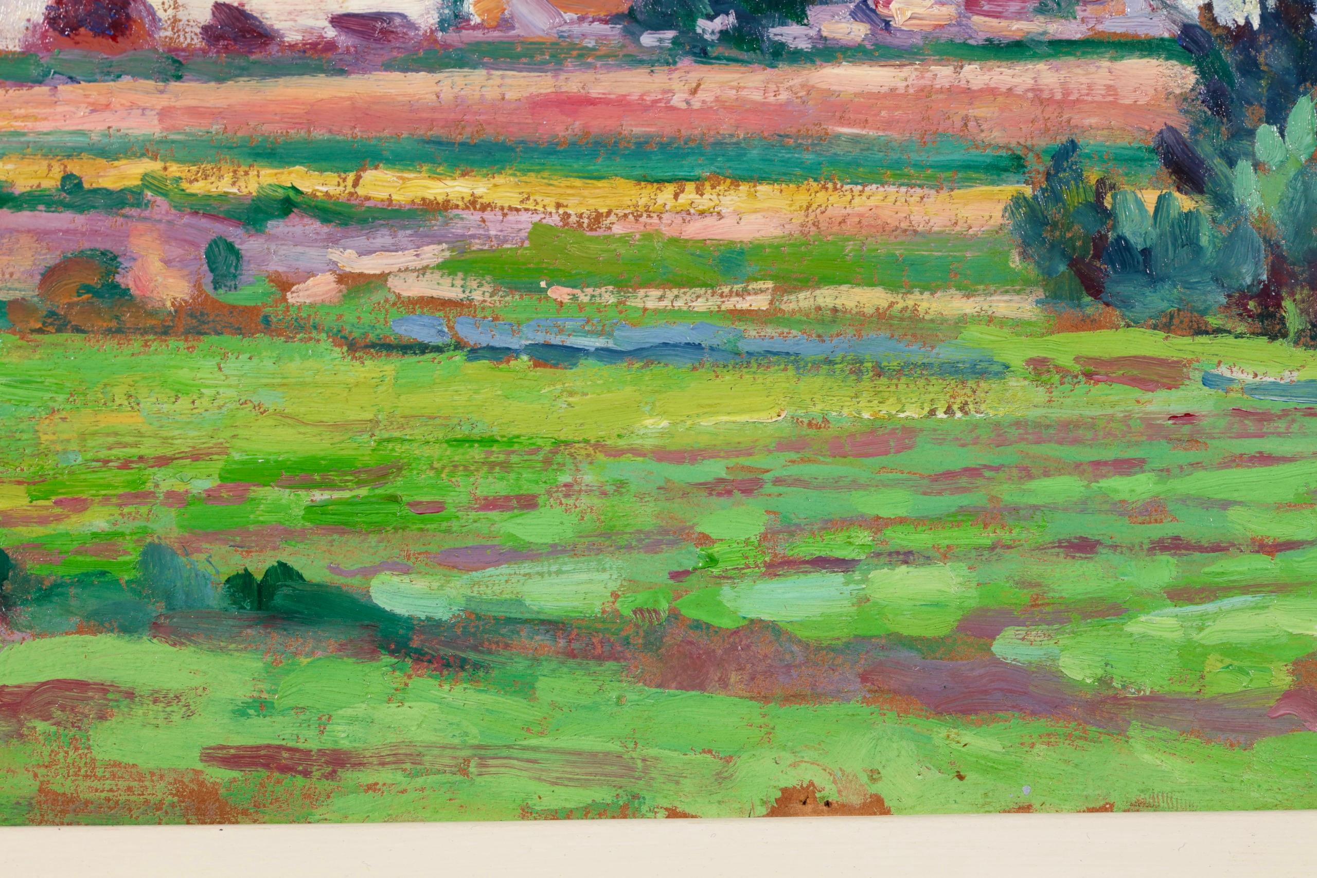 Paesaggio su tavola firmato dal pittore impressionista francese Maximilien Luce. L'opera raffigura una veduta della campagna francese in una giornata estiva, con nuvole bianche che contrastano con il cielo blu sopra gli alberi.

Firma:
Firmato in