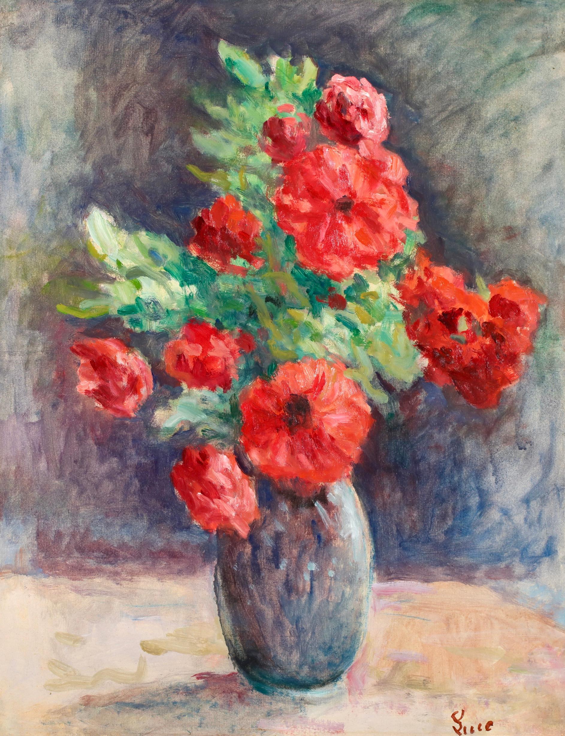 Papaveri in vaso - Natura morta impressionista dipinta a olio da Maximillien Luce - Painting di Maximilien Luce