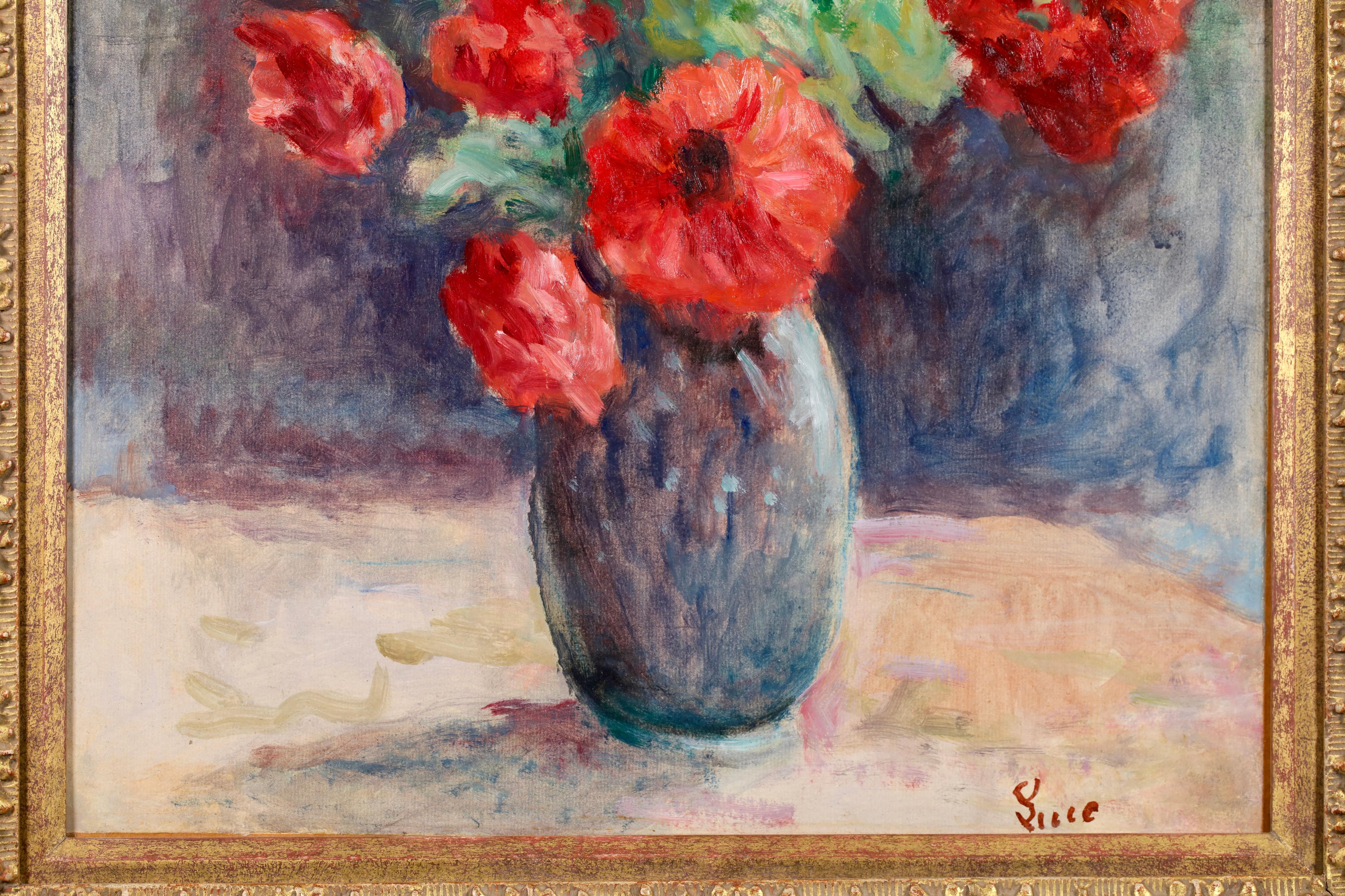 Papaveri in vaso - Natura morta impressionista dipinta a olio da Maximillien Luce - Interior Painting Marrone di Maximilien Luce