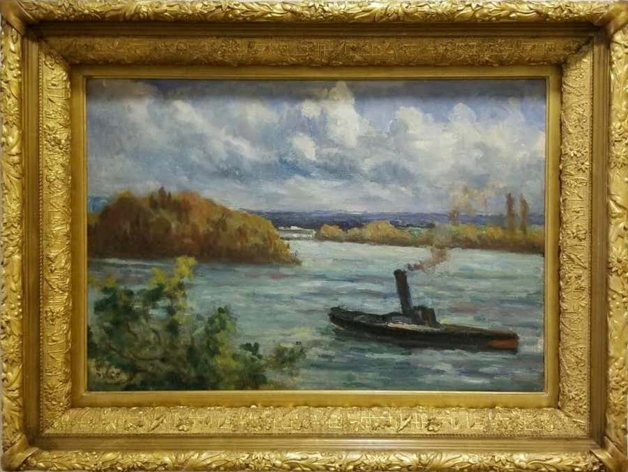 Rolleboise le Remorqueur, Oil on Canvas, Signed, French Impressionist, Framed