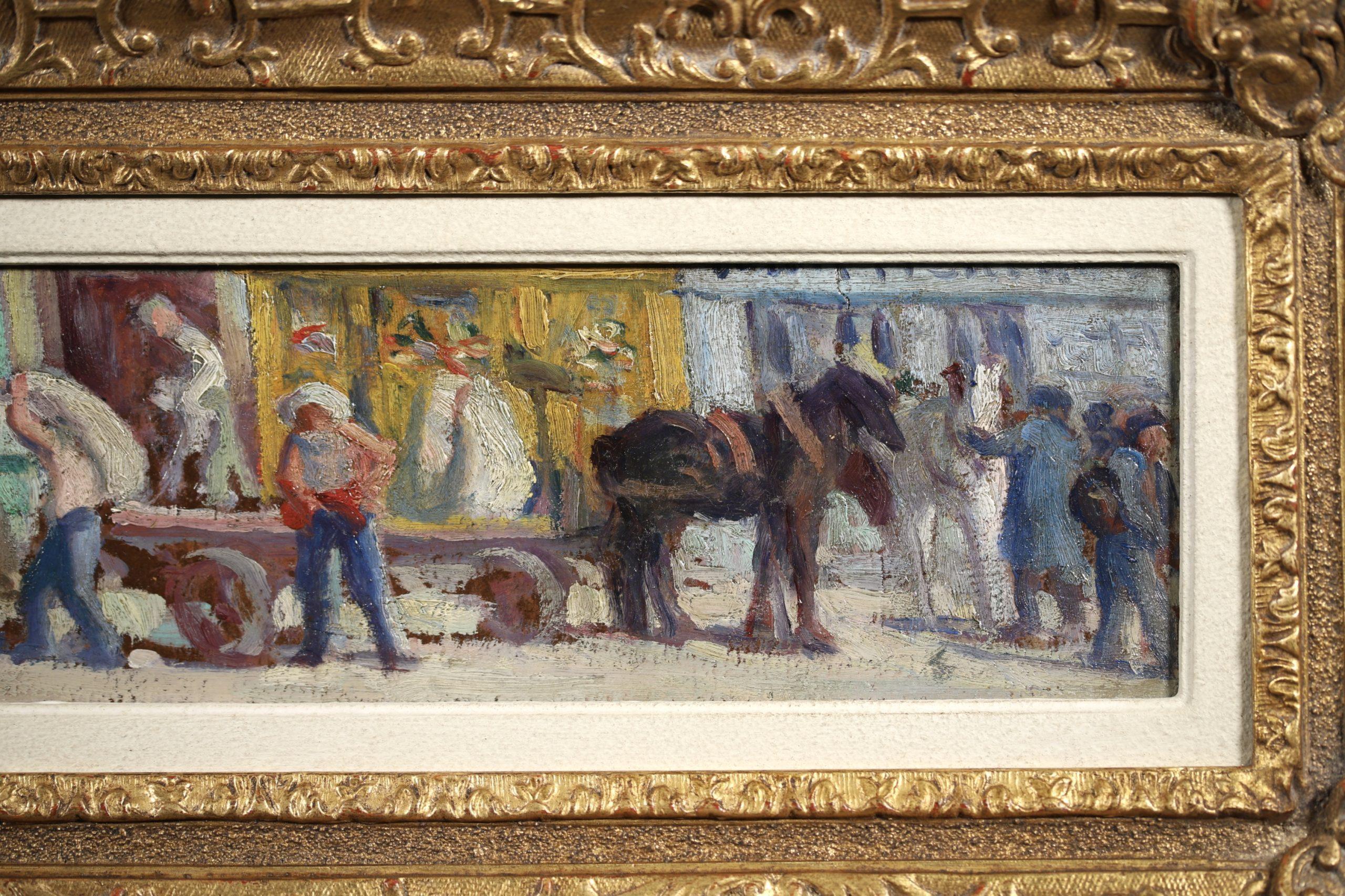 Signed figures in landscape oil on board circa 1908 by French impressionist painter Maximilien Luce. The piece depicts workers on the Rue de Paris in Saint-Denis, a commune in the northern suburbs of Paris, France. The workers are unloading their