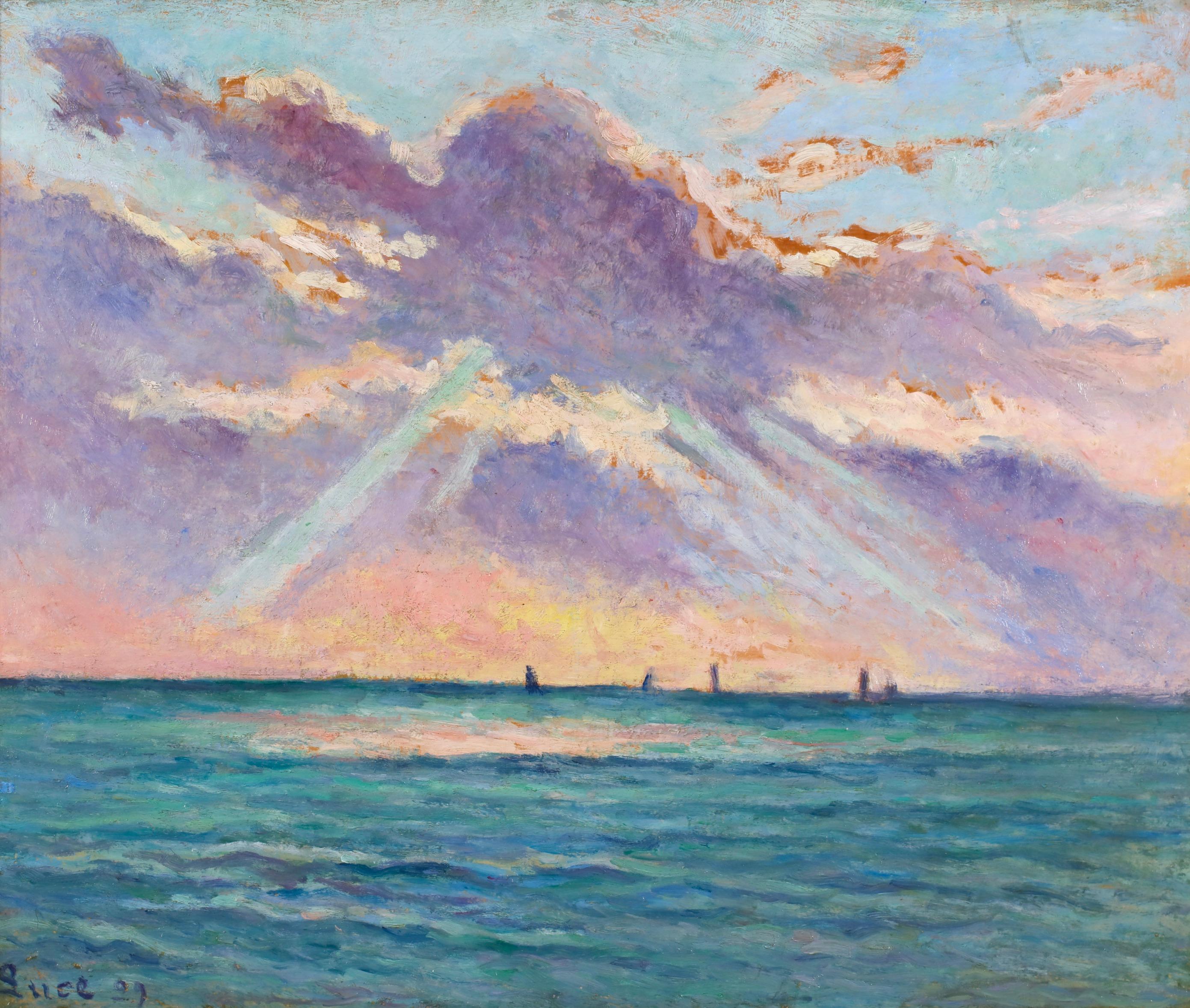 Soleil Couchant - Honfleur - Paisaje marino impresionista Óleo de Maximillien Luce - Painting de Maximilien Luce
