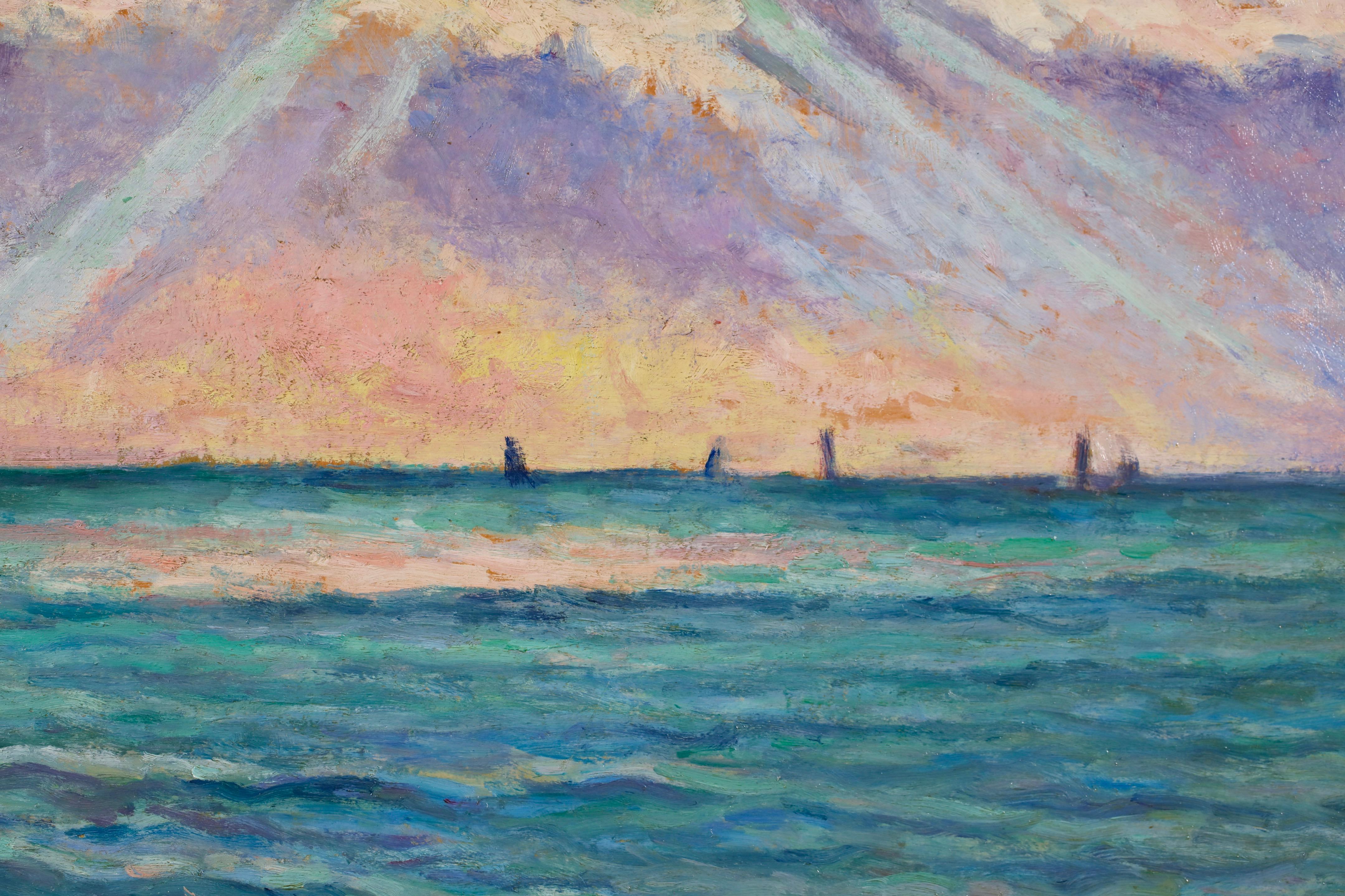 Soleil Couchant - Honfleur - Paisaje marino impresionista Óleo de Maximillien Luce - Landscape Painting Marrón de Maximilien Luce