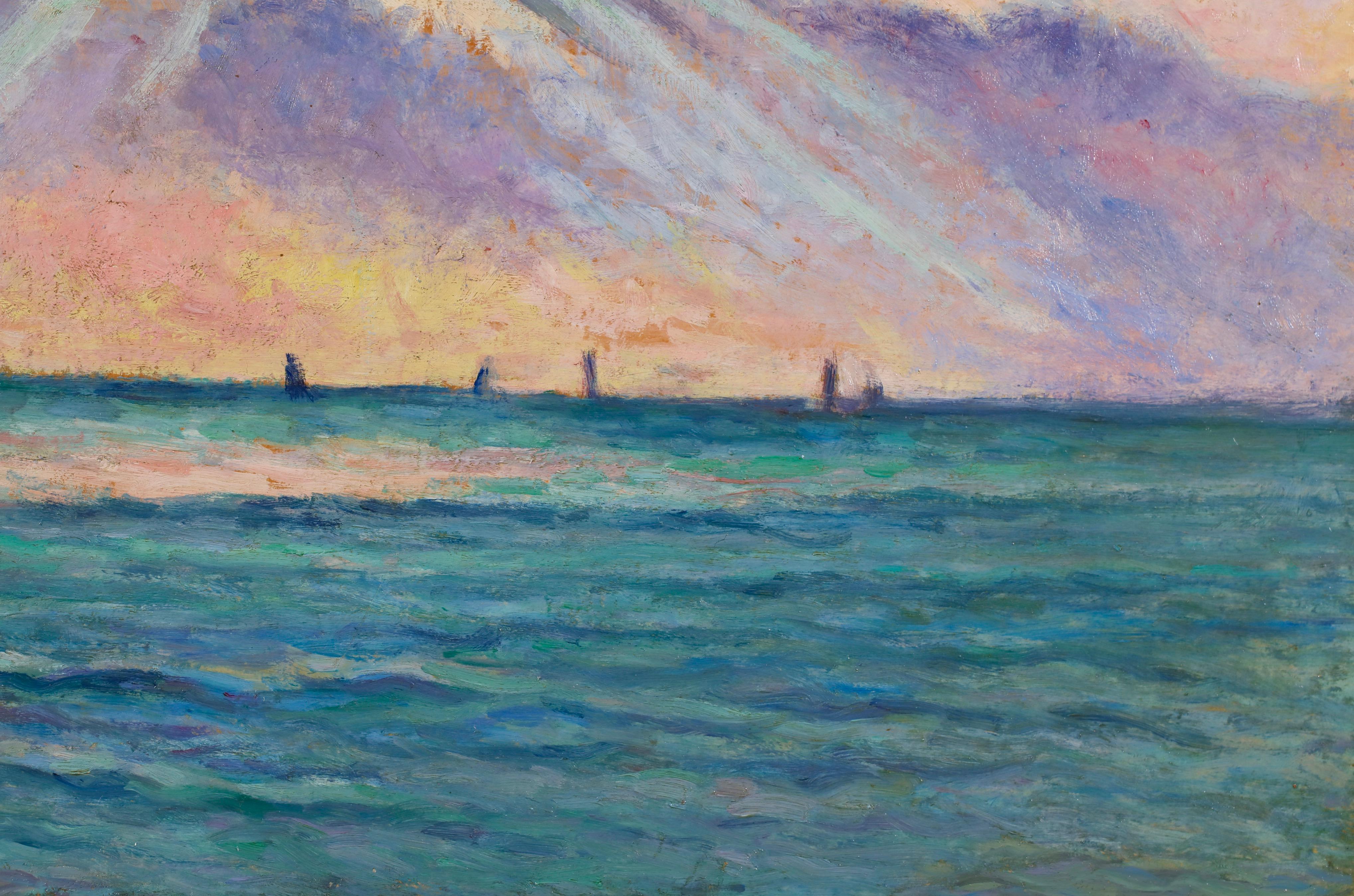 Óleo sobre papel y lienzo firmado y fechado de un paisaje marino del pintor impresionista francés Maximilien Luce. La obra representa una vista del mar en Honfleur, municipio del departamento de Calvados, en el noroeste de Francia. El sol se pone