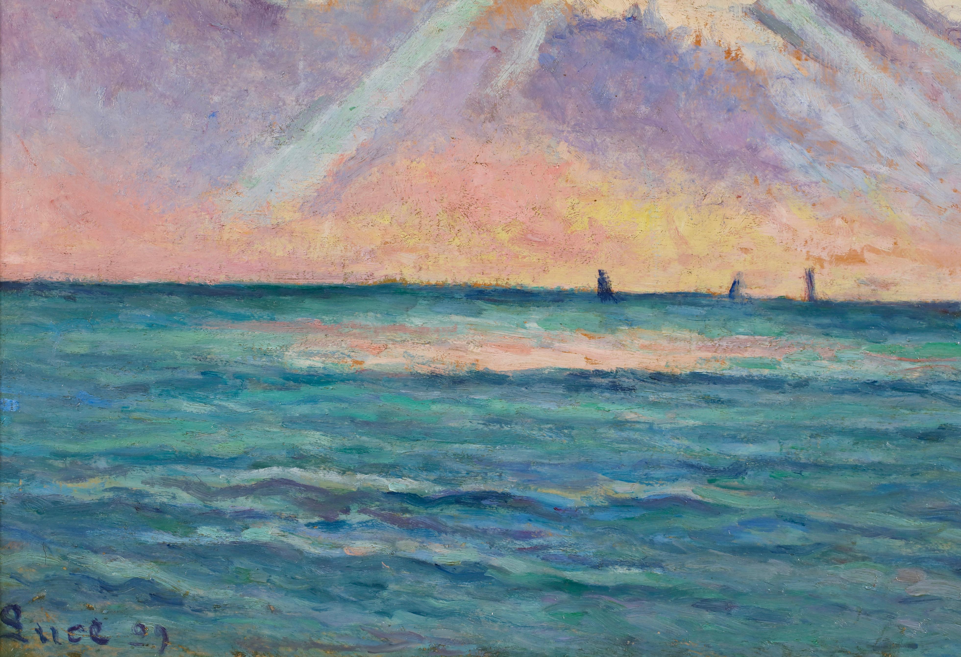 Soleil Couchant - Honfleur - Paisaje marino impresionista Óleo de Maximillien Luce en venta 2