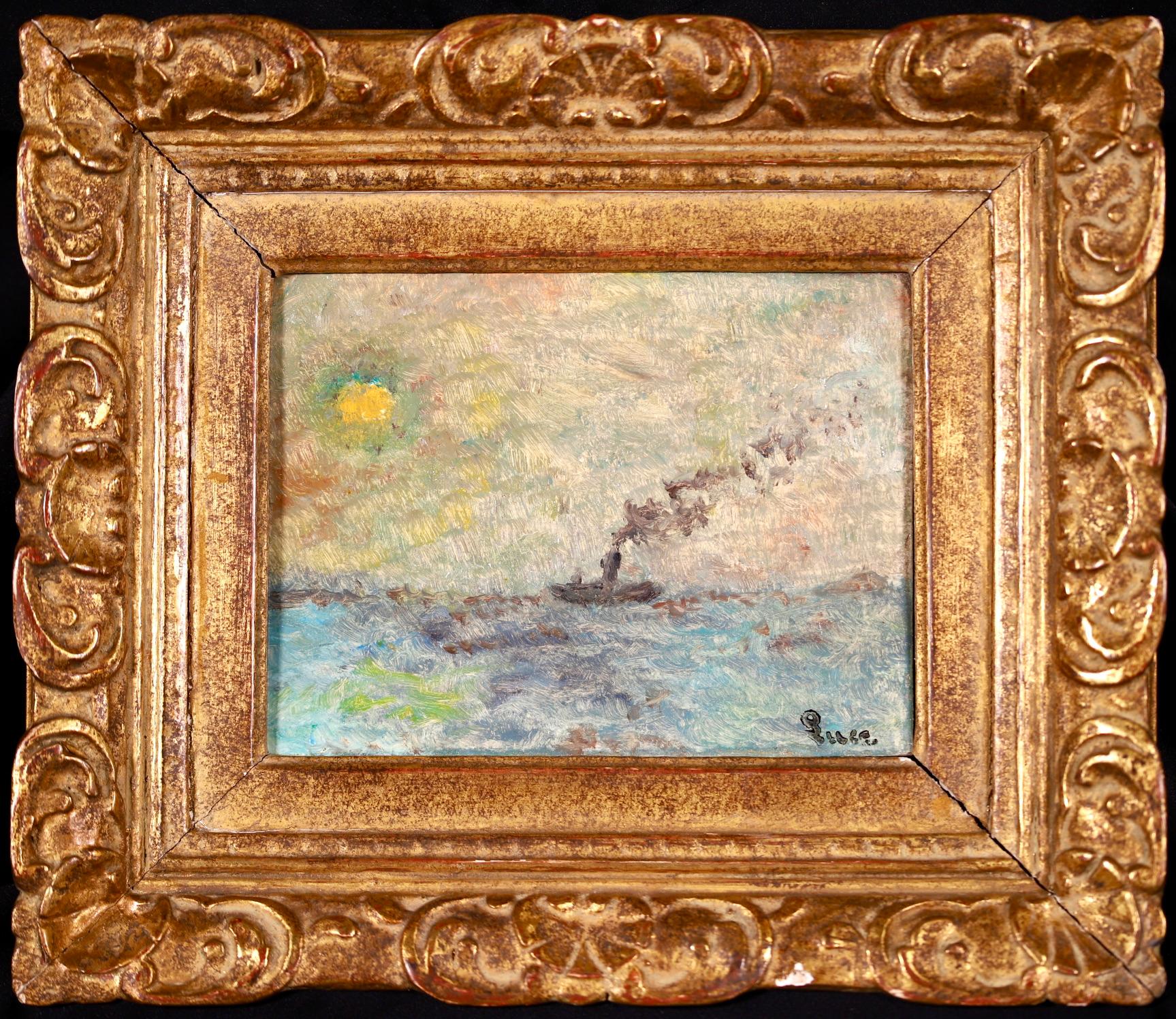 Steamer at Sunset - Impressionist Oil, Boat in Seascape by Maximillien Luce 3