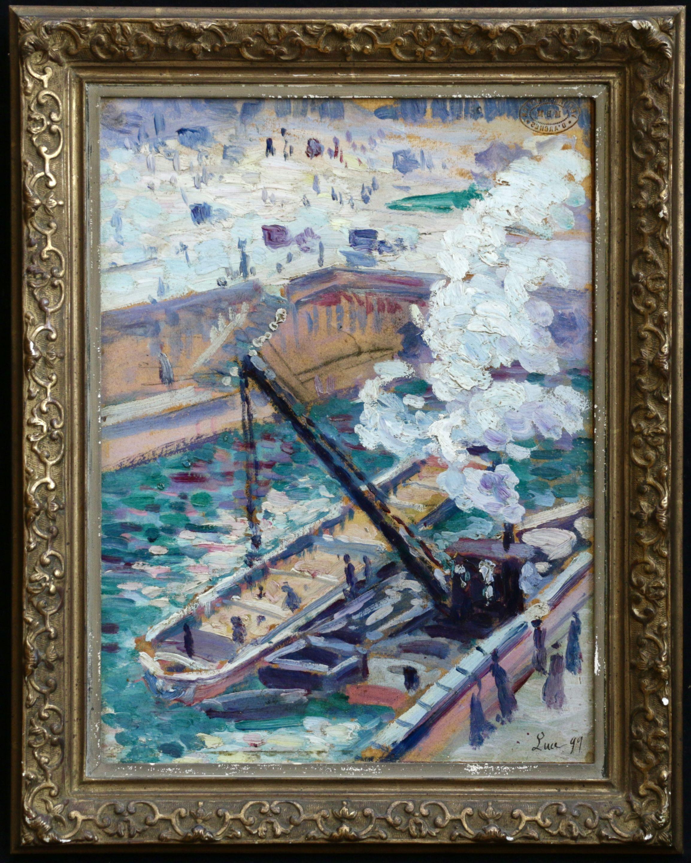 Studie für „Notre Dame“ – Ölgemälde, Boote und Figuren auf Fluss, 19. Jahrhundert, von M Luce – Painting von Maximilien Luce