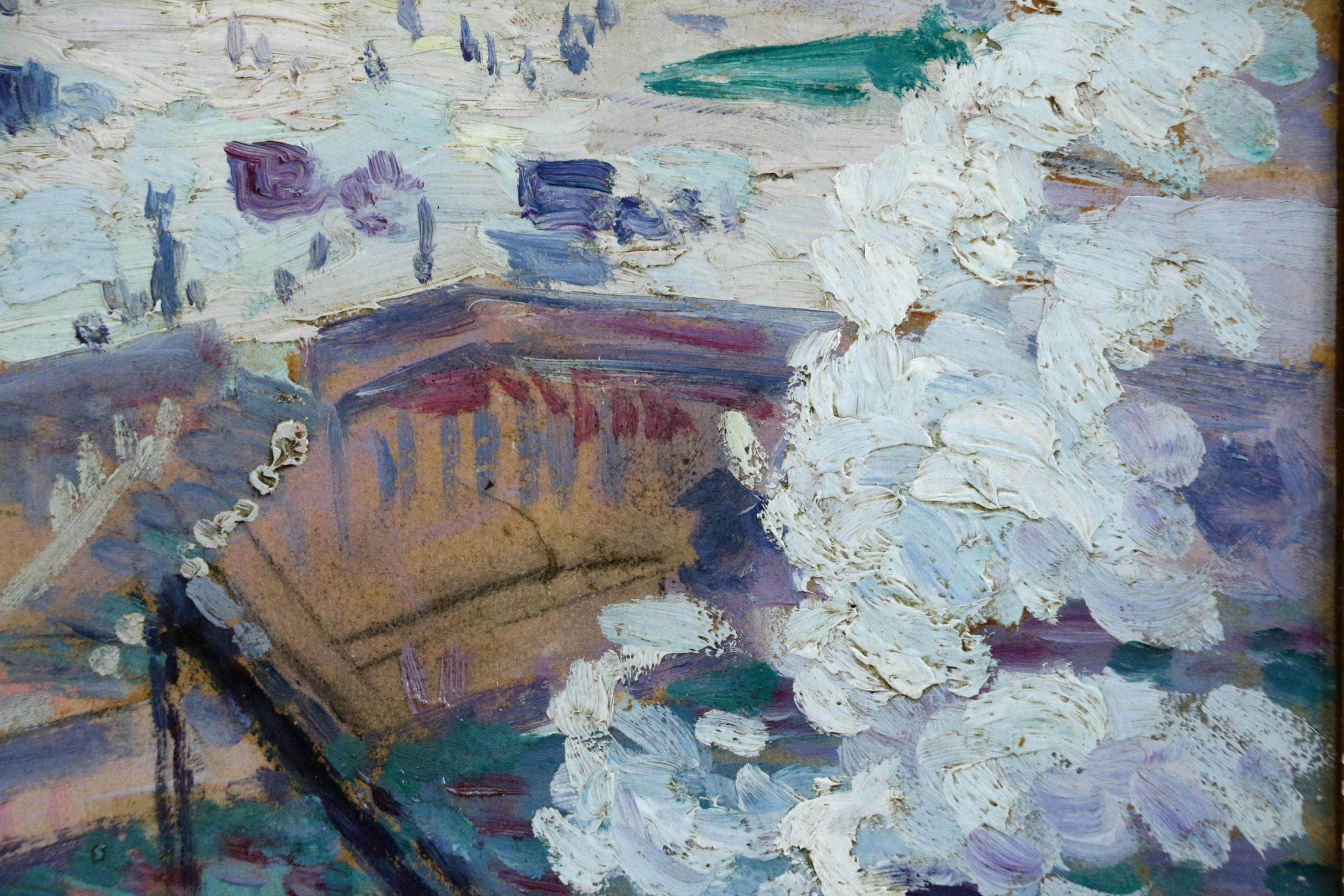 Studie für „Notre Dame“ – Ölgemälde, Boote und Figuren auf Fluss, 19. Jahrhundert, von M Luce (Impressionismus), Painting, von Maximilien Luce