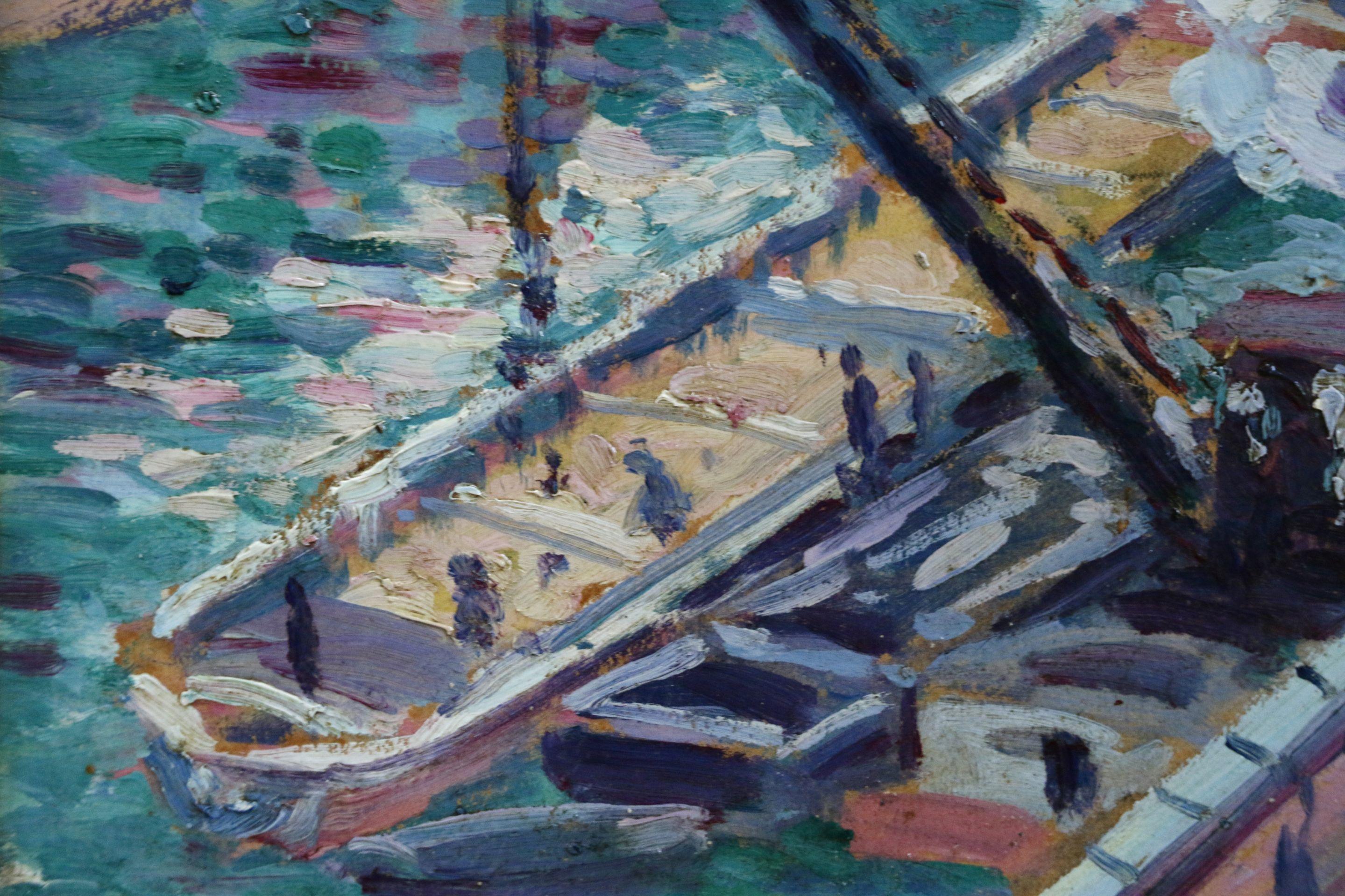 Studie für „Notre Dame“ – Ölgemälde, Boote und Figuren auf Fluss, 19. Jahrhundert, von M Luce (Grau), Landscape Painting, von Maximilien Luce