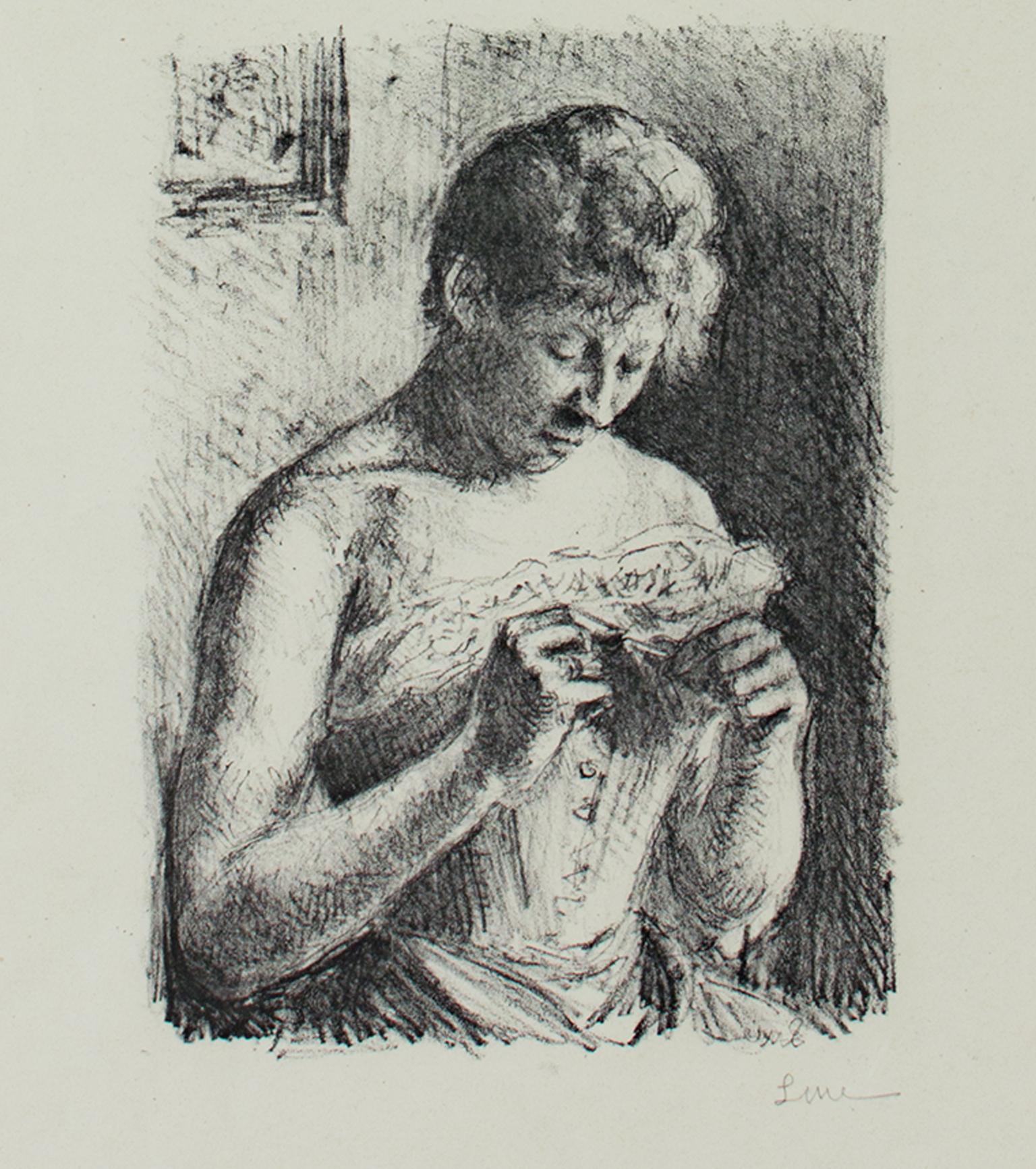 "Woman Manicuring Her Nails, " Original Lithograph signed by Maximilien Luce
