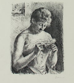Lithographie réaliste du 20e siècle, imprimé figuratif féminin, sujet féminin signé