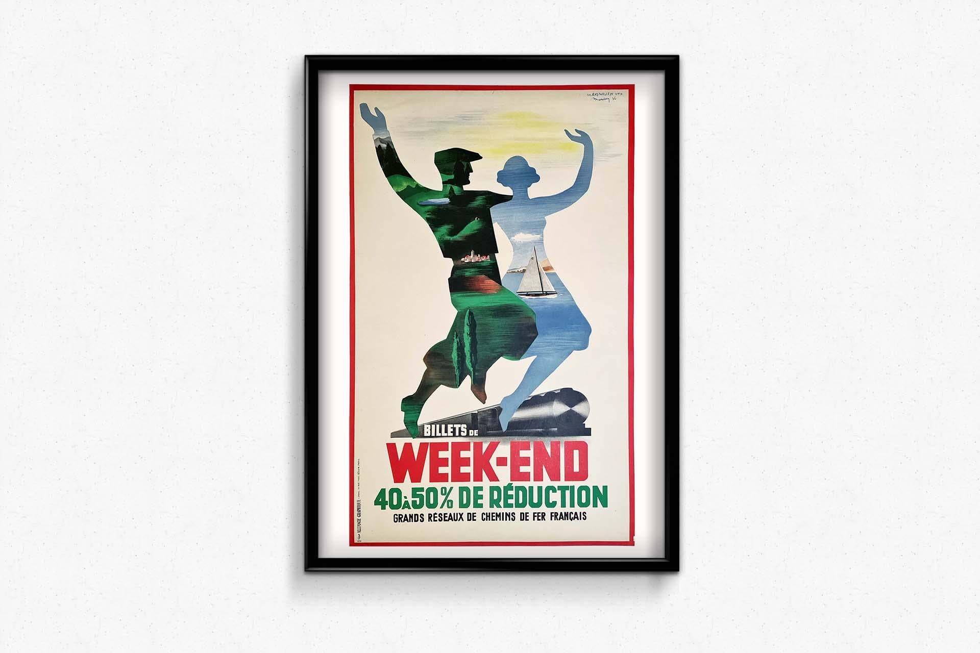 Maximilien Vox's original poster for Grands Réseaux de Chemins de Fer Français and Billets de Week-End, dating from 1936, is an artistic creation that combines the art of visual design with the promotion of rail travel in France at the time.

The
