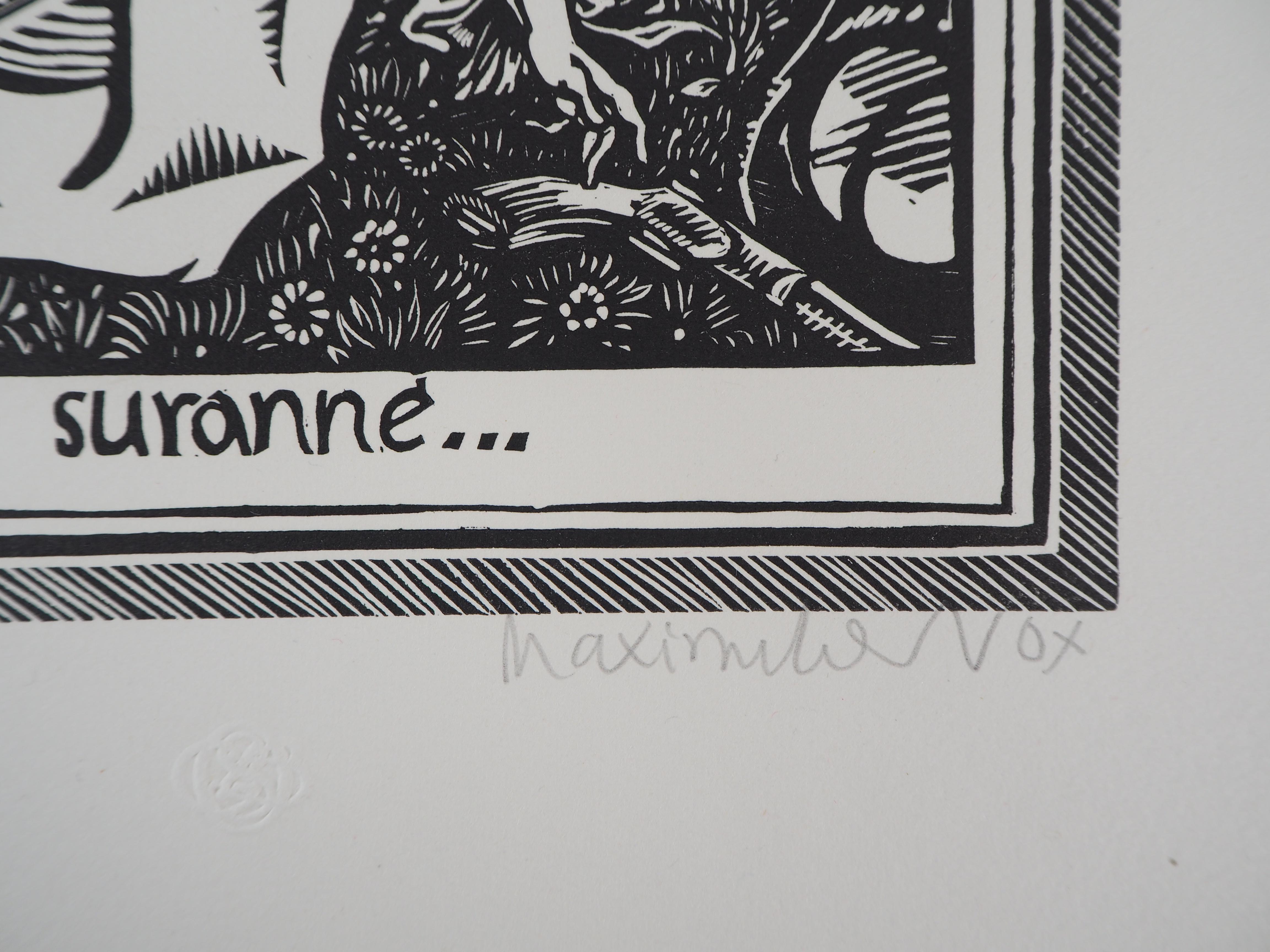 Maximilien VOX (1894-1974)
Bad Romance : The Duel, 1925

Original woodcut
Handsigned in pencil
Numbered /160
On vellum 32.5 x 25.5 cm (c. 13 x 10 in)
Bears the blind stamp of the editor 'Imagier de la Gravure sur Bois' (Lugt 1140a)

Excellent