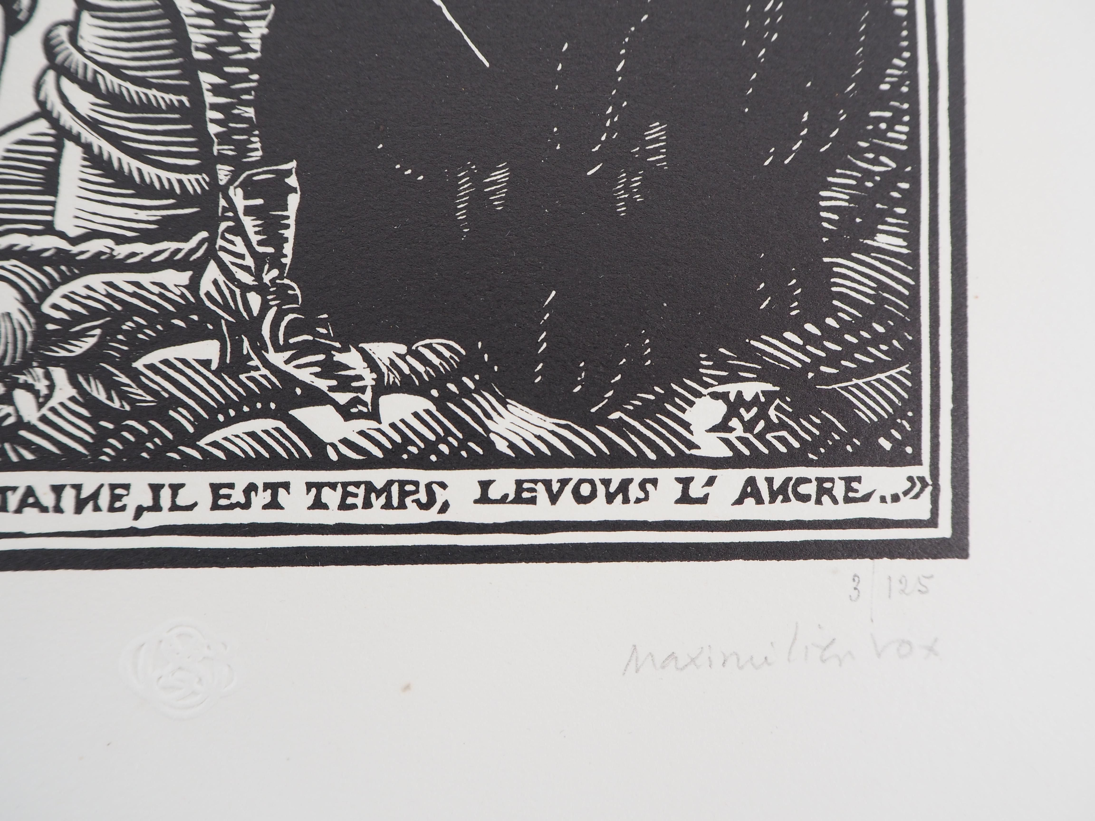 Maximilien VOX (1894-1974)
Vanidad : La muerte, mi viejo capitán , 1921

Grabado en madera original
Firmado a lápiz
Numerado /125
Sobre vitela 32,5 x 25,5 cm (c. 13 x 10 pulg.)
Lleva el sello ciego del editor 