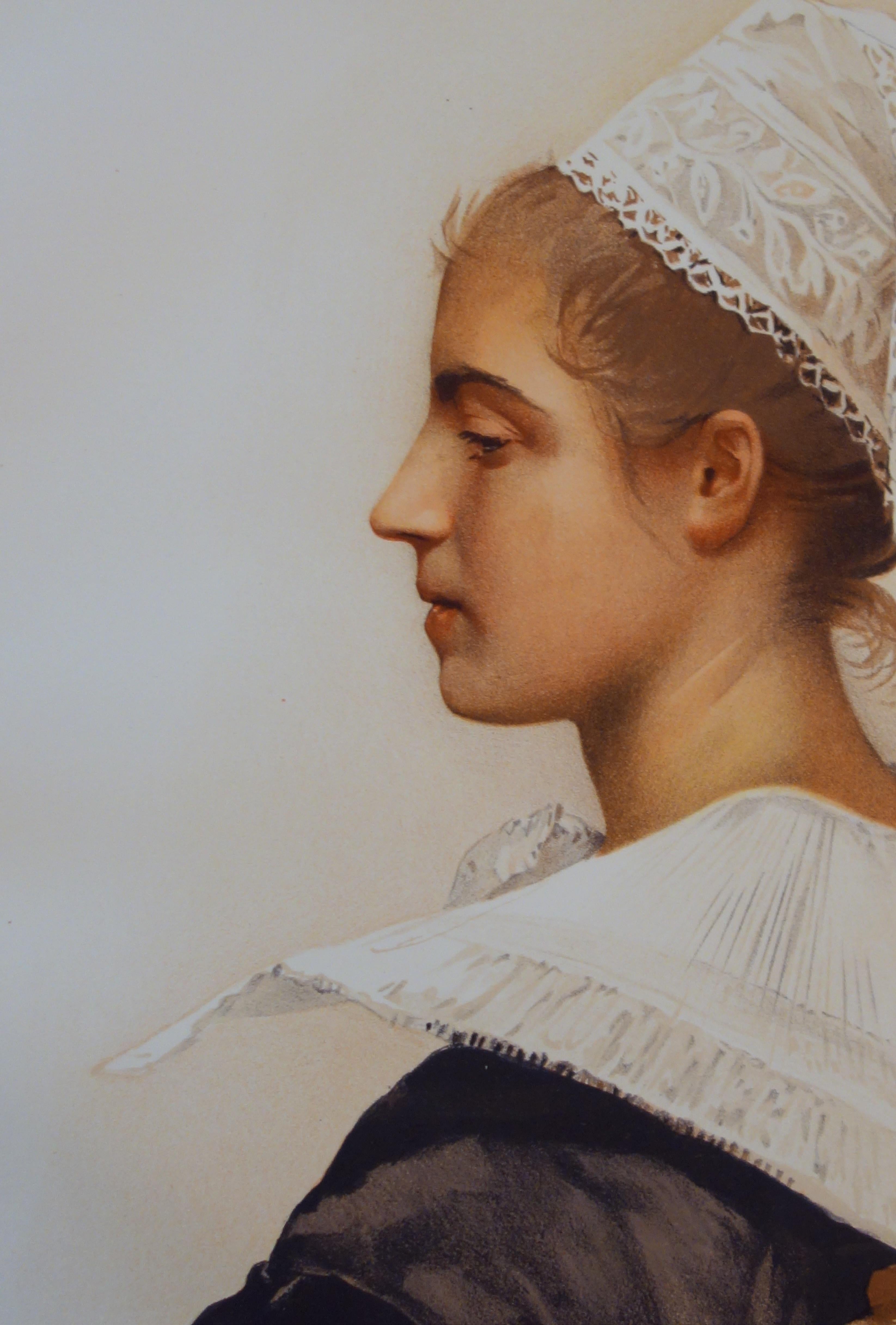 Femme avec une coiffe en dentelle - Lithographie originale, 1898 - Print de Maximilienne Guyon