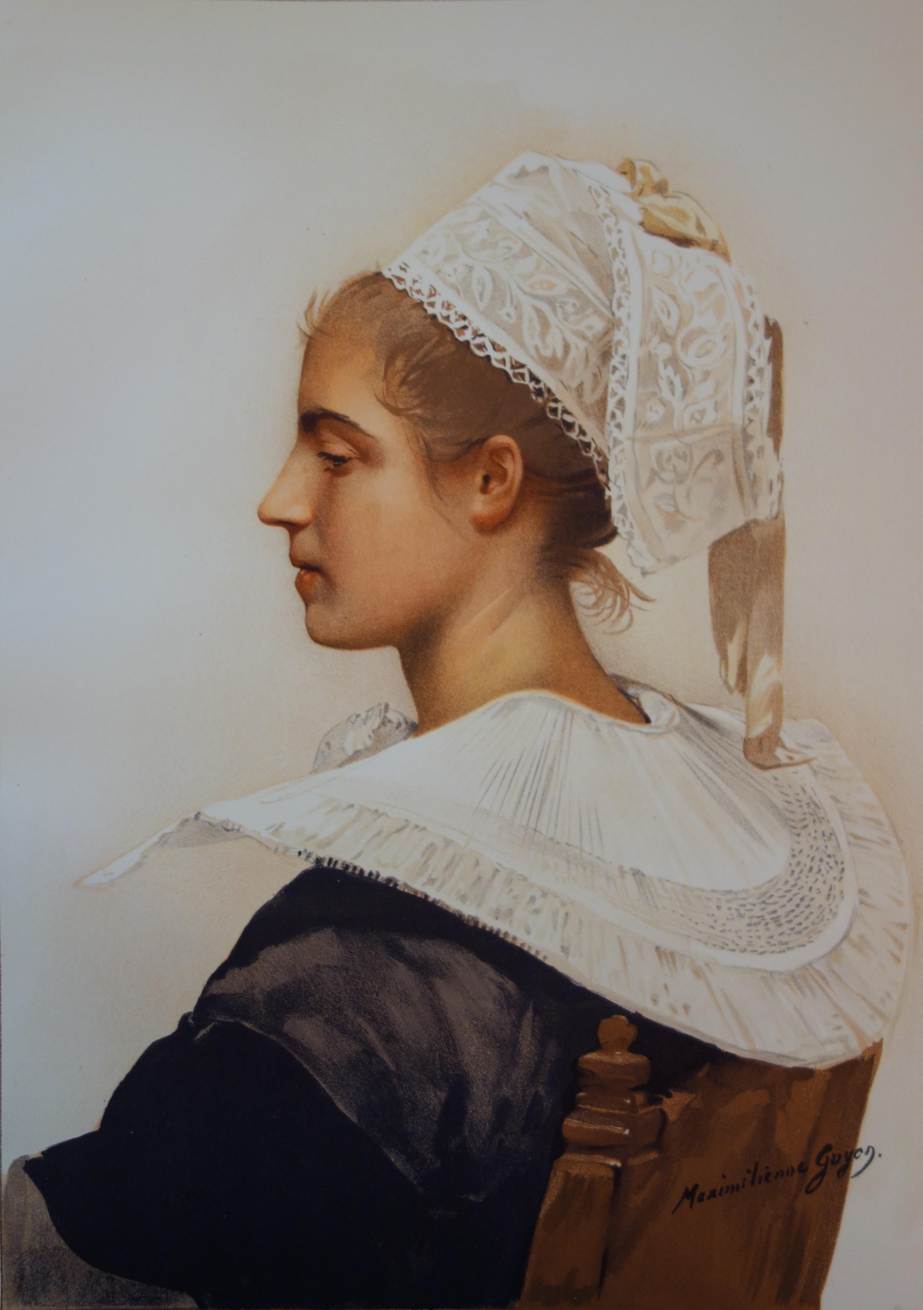 Femme avec une coiffe en dentelle - Lithographie originale, 1898 - Réalisme Print par Maximilienne Guyon