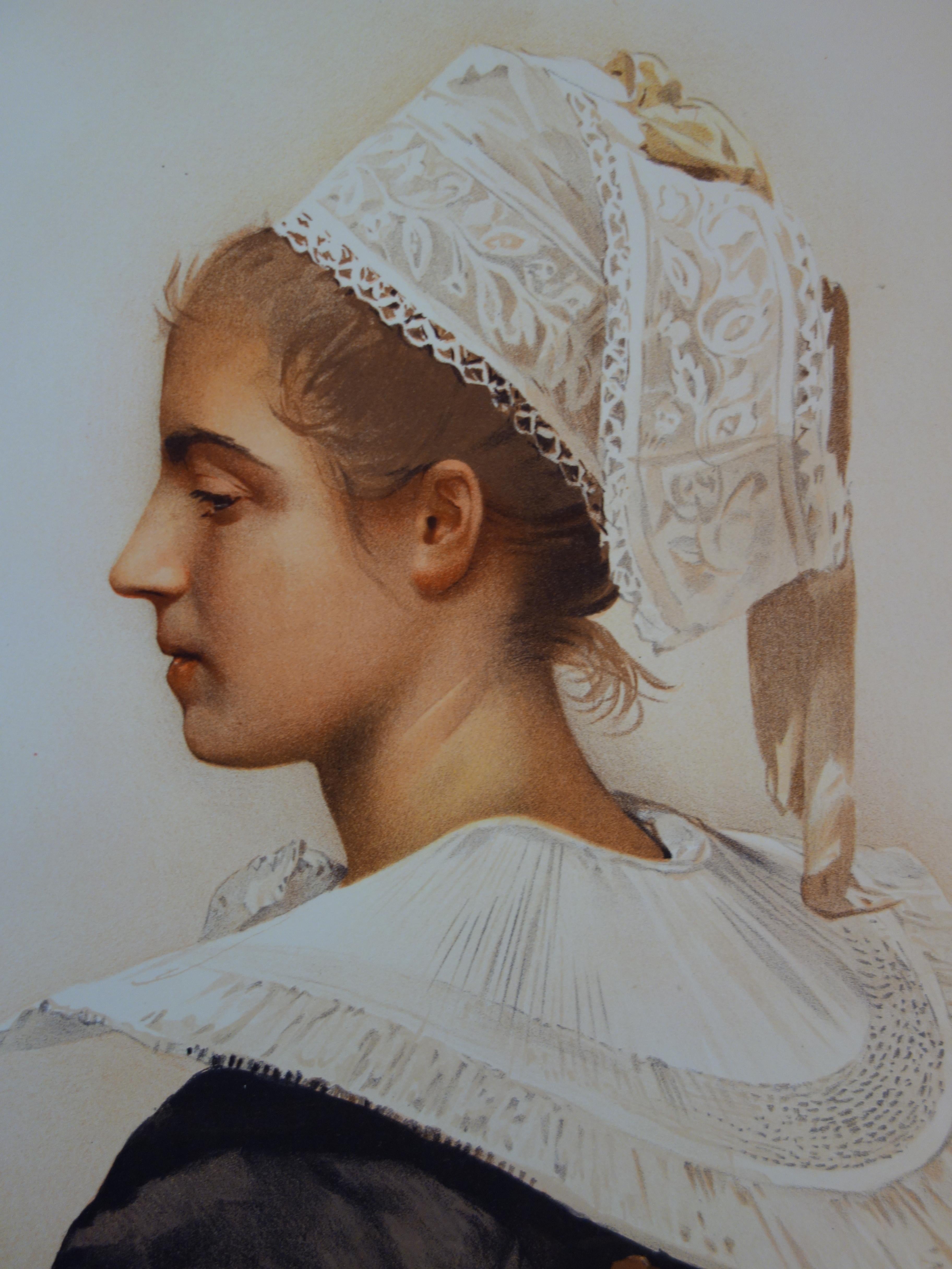 Femme avec une coiffe en dentelle - Lithographie originale, 1898 en vente 1