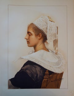 Antique Woman with a Lace Headdress - Original lithograph, 1898