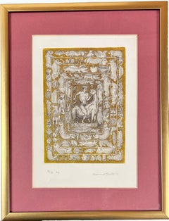 Surreal Etching Print of Crowned Figure on Horse, 1984