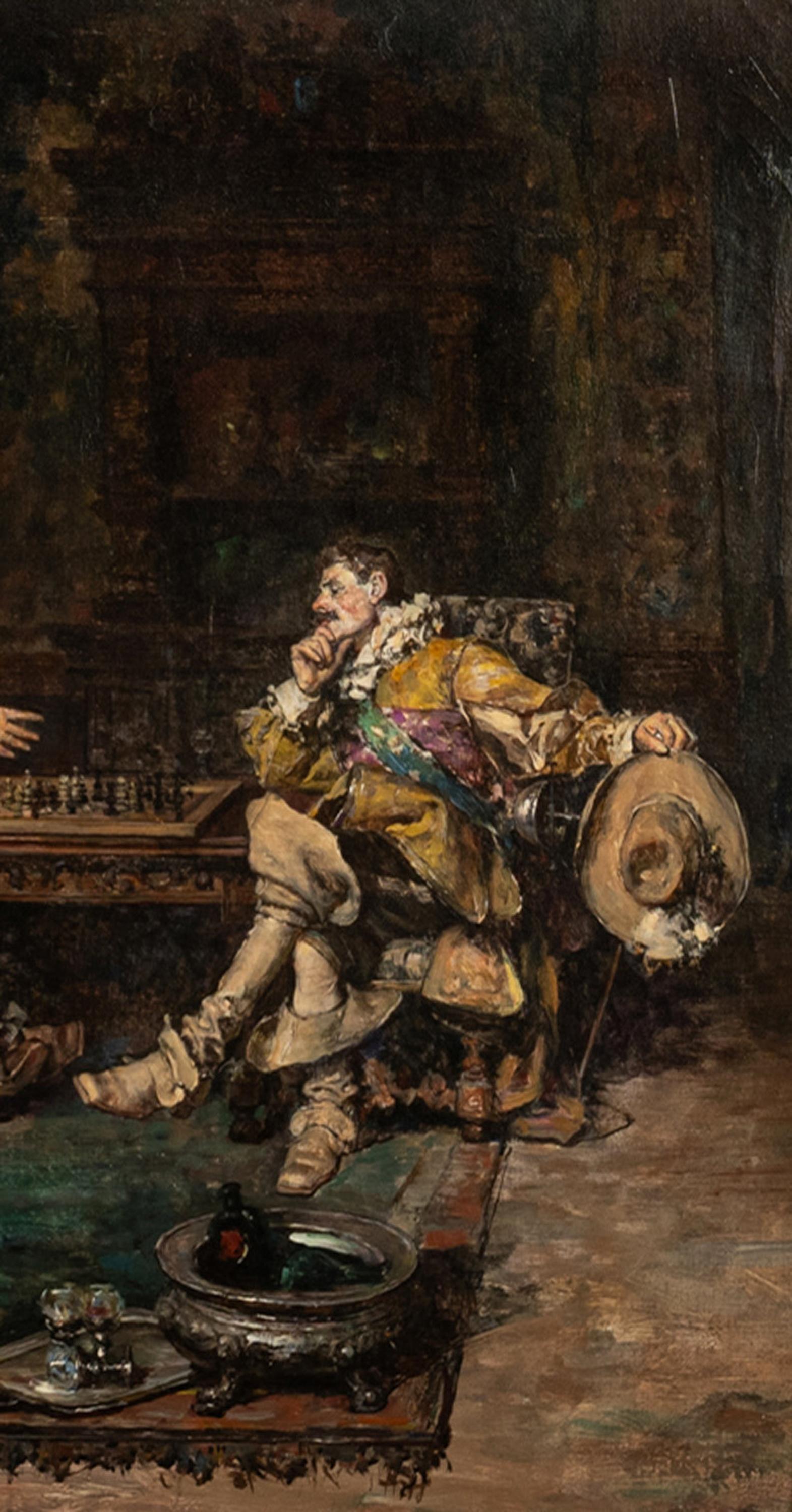 Antiguo óleo español sobre lienzo Caballeros franceses jugando al ajedrez París 1910 en venta 6