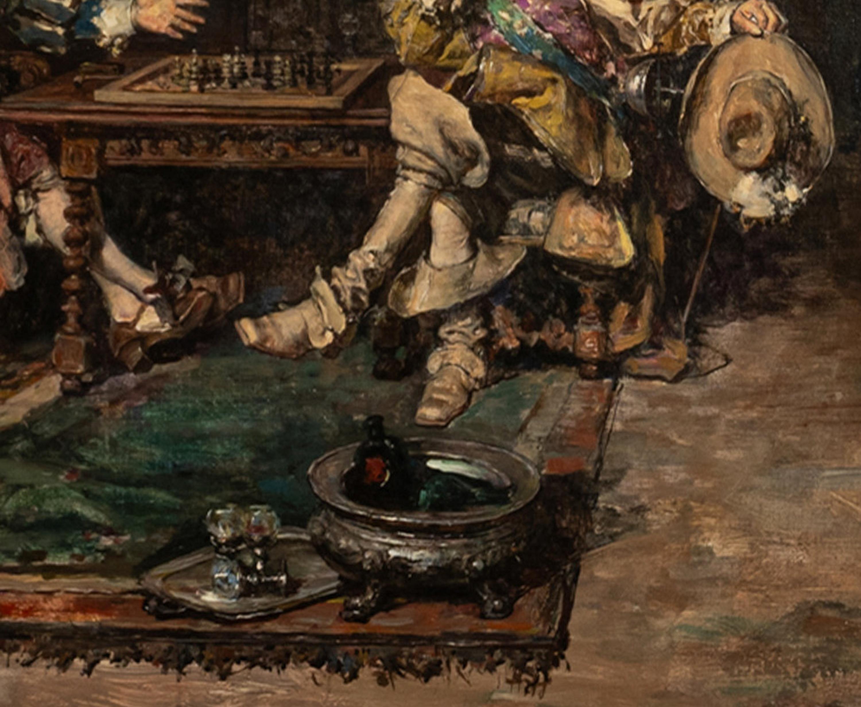 Antiguo óleo español sobre lienzo Caballeros franceses jugando al ajedrez París 1910 en venta 7