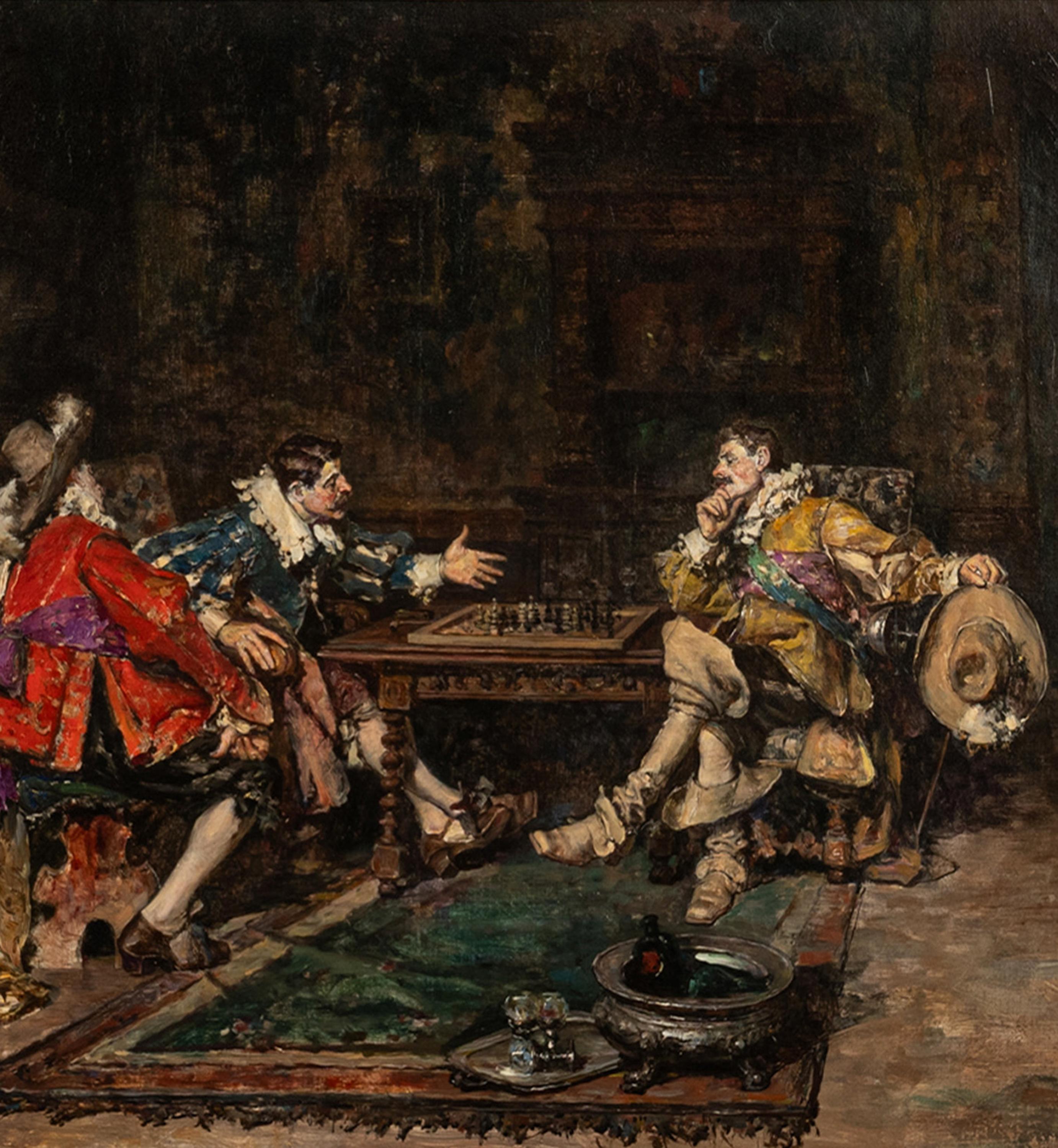 Antiguo óleo español sobre lienzo Caballeros franceses jugando al ajedrez París 1910 en venta 8