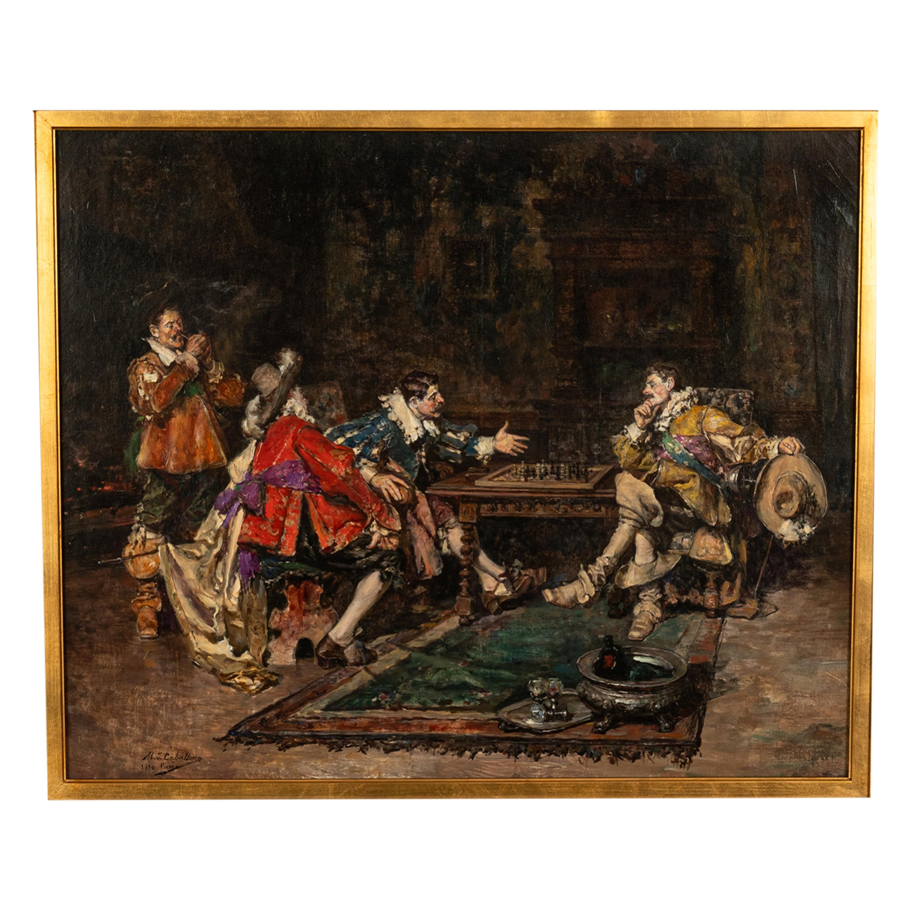 Antiguo óleo español sobre lienzo Caballeros franceses jugando al ajedrez París 1910 - Painting de Maximo Juderias Caballero