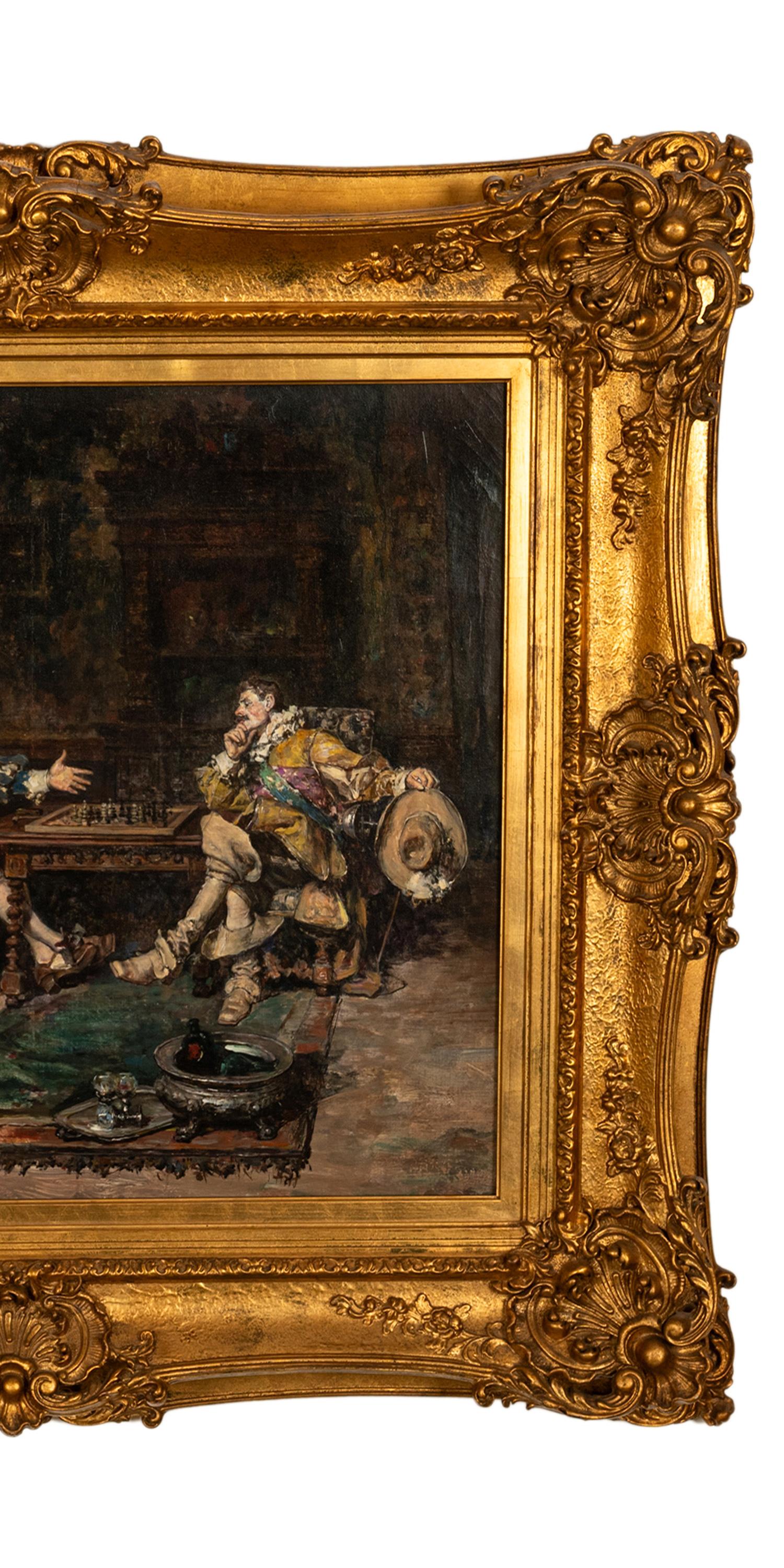 Gran óleo antiguo sobre lienzo del célebre artista español Máximo Juderías Caballero (1867-1951), París 1910.
El cuadro representa una escena interior de caballeros realistas franceses del siglo XVII jugando al ajedrez. Dos de los caballeros están