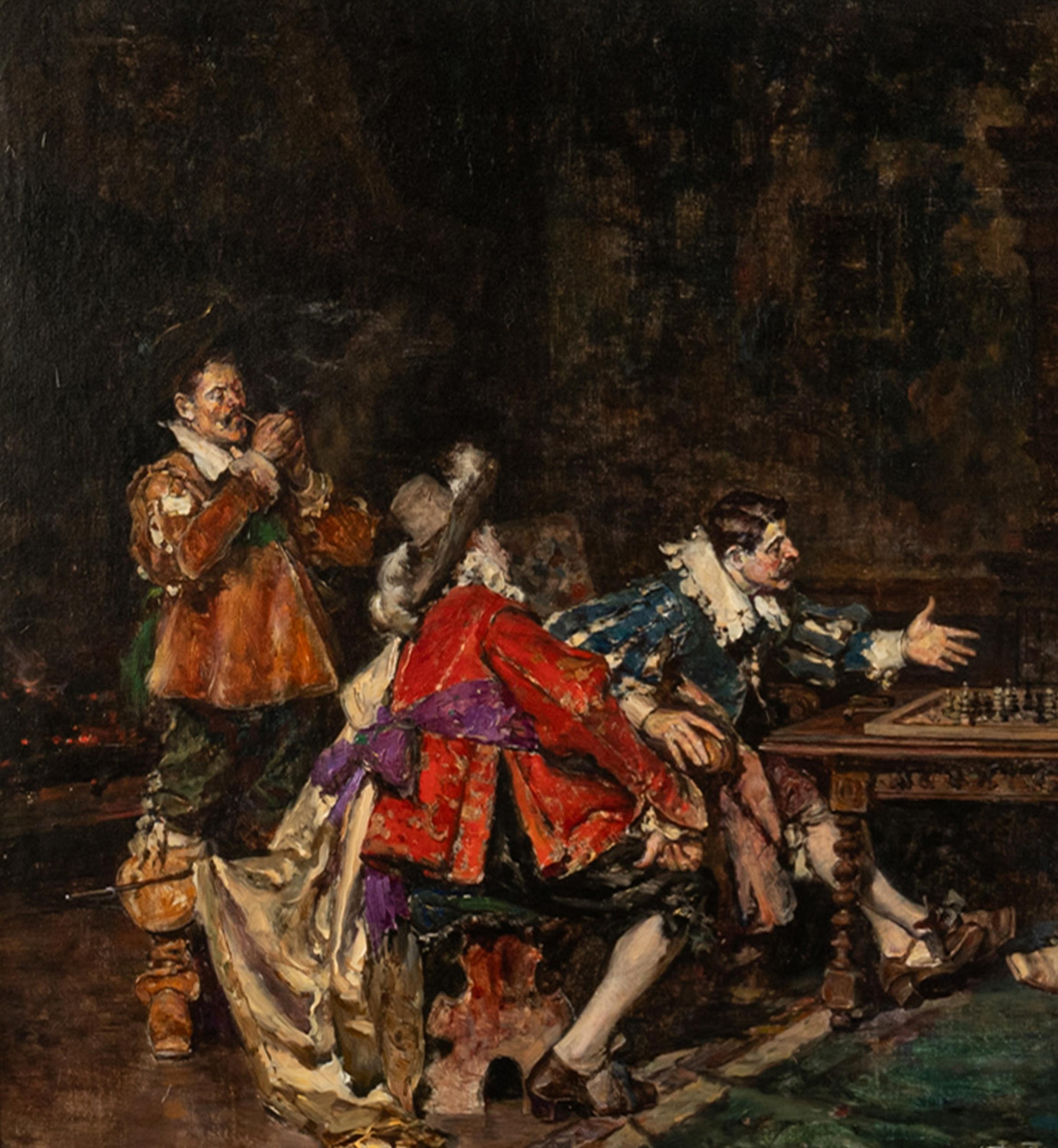 Antiguo óleo español sobre lienzo Caballeros franceses jugando al ajedrez París 1910 en venta 2