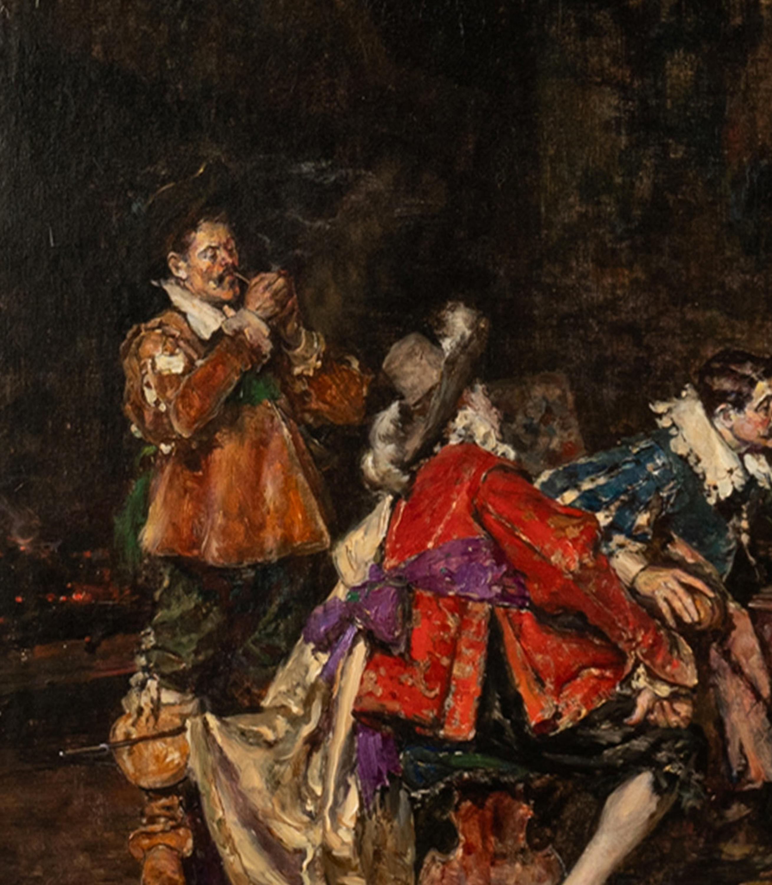 Antiguo óleo español sobre lienzo Caballeros franceses jugando al ajedrez París 1910 en venta 3