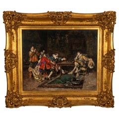 Antique French Oil on Canvas Painting Cavalieri francesi che giocano a scacchi Parigi 1910