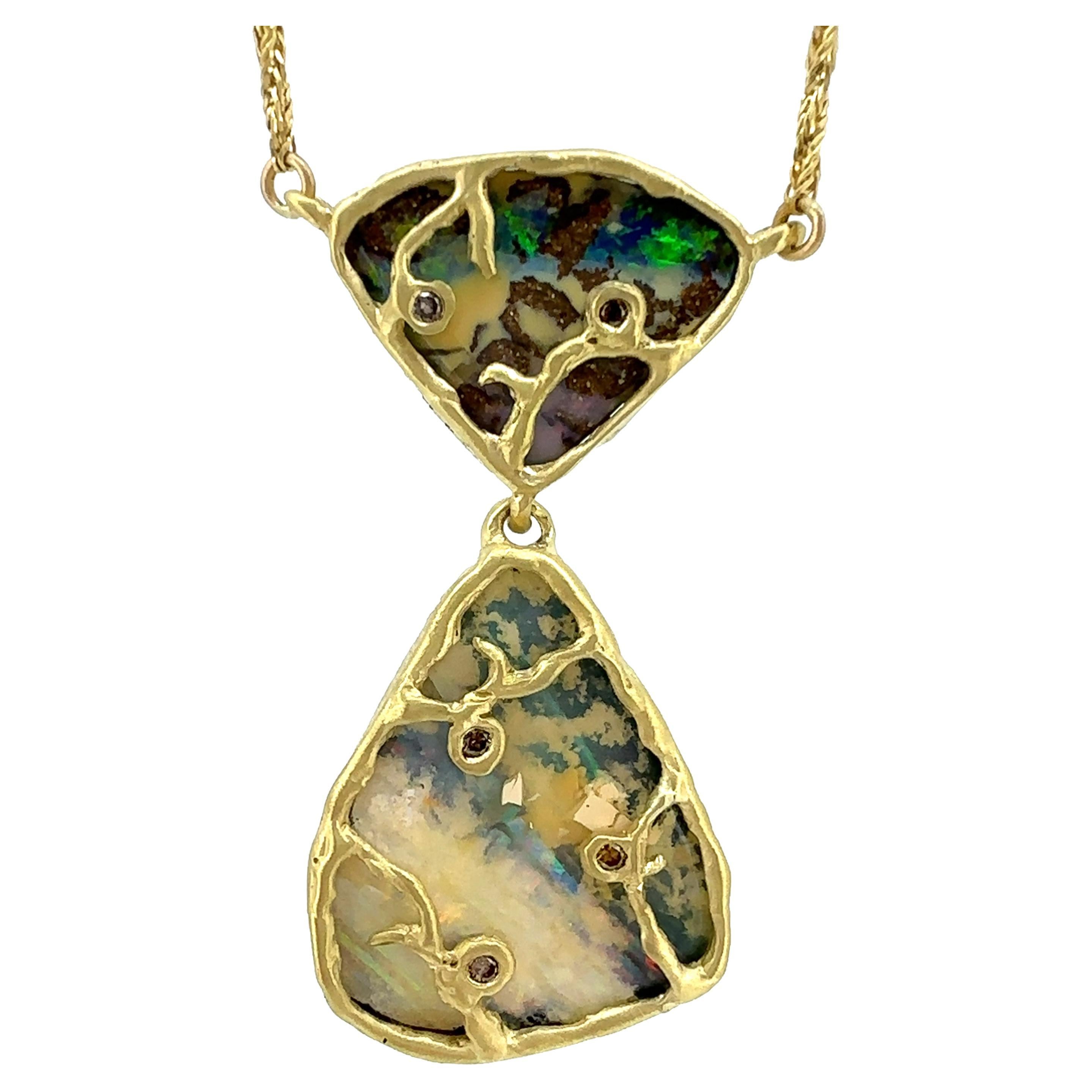 "Maxine" Boulder Opal Pendant Necklace in 18 Karat Gold with Diamond Accents For Sale