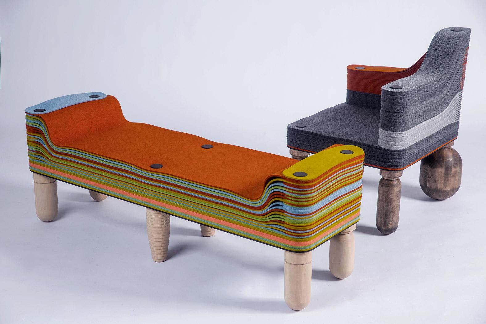 Machine-Made Maxine C, Felt and Wood Bench, Benoist F. Drut in Stackabl, Canada 2021 For Sale