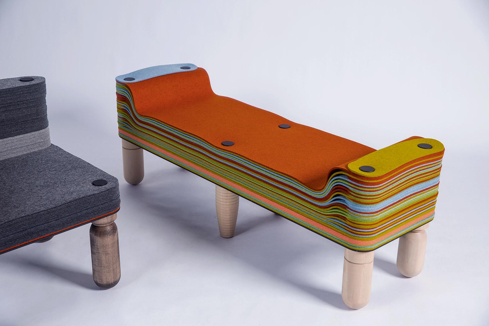 Machine-Made Maxine D, Felt and Wood Bench, Benoist F. Drut in STACKABL, Canada, 2021 For Sale