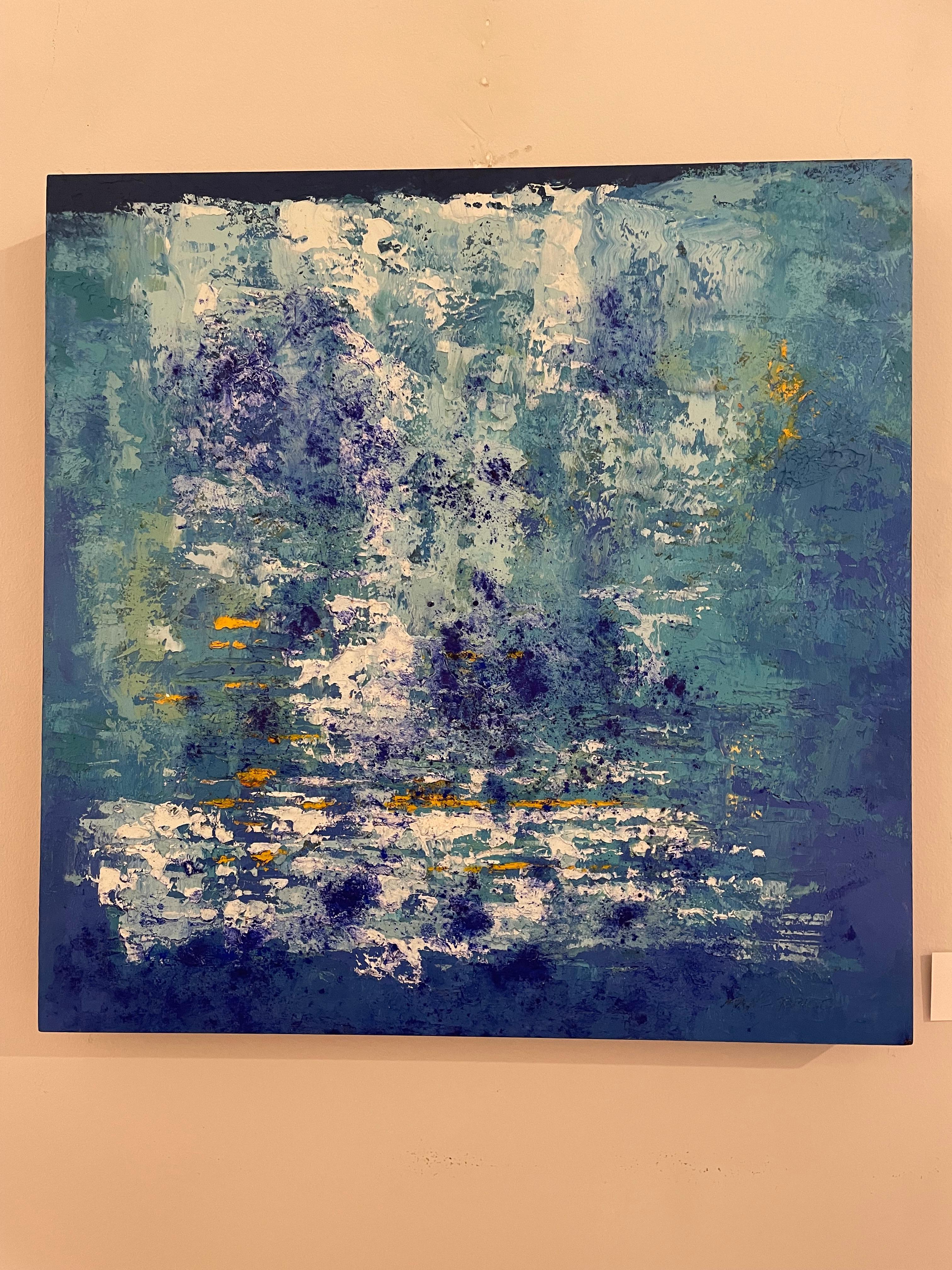 An original by Maxine Price, using the process of oil with cold wax on a panel. The dimensions of the artwork are 24 x 24 inches. Her signature is carved on the bottom right of the painting. 