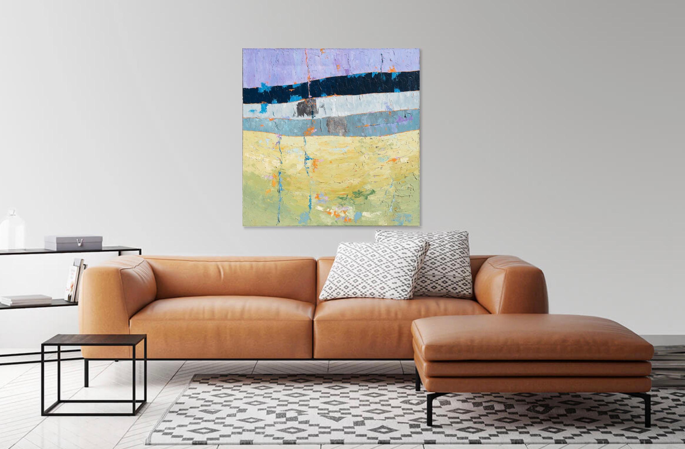 Questo dipinto astratto gestuale a tecnica mista di Maxine Price è caratterizzato da verde, giallo, grigio, azzurro, nero e viola, con 