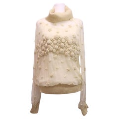 MaxMara Cremefarbenes Chiffon-Strick-Top mit 3D-Blumenstickerei - US 10 / EU 42