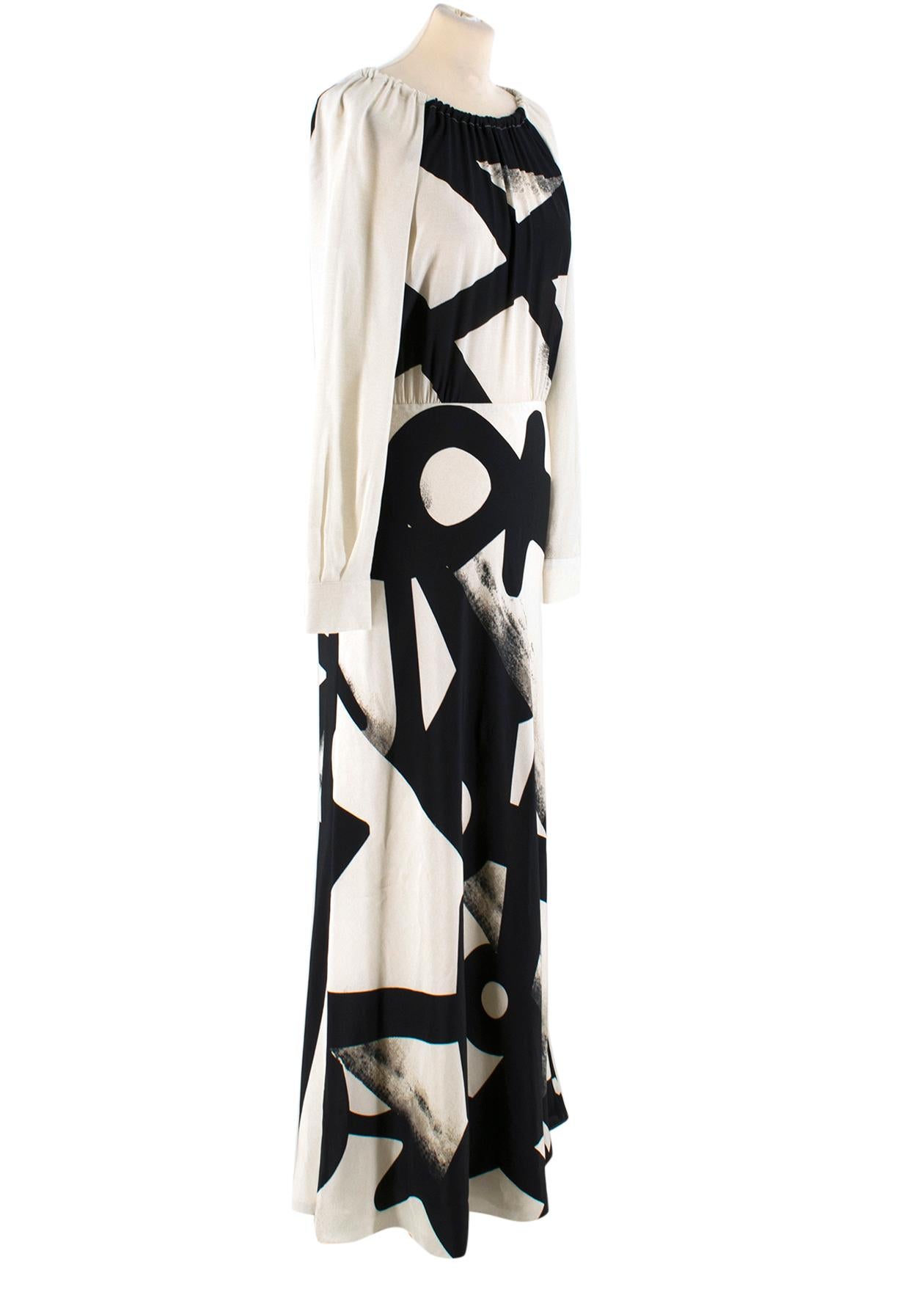 MaxMara Cream Long sleeve Maxi Dress

-Cream and black geometric patterned, lightweight silk
-Cream acetate, silk and polyamid lined 
-High neck 
-Gathering at neckline and shoulders
-Back of neck braided rope tie fastening 
-Low back centre zipper