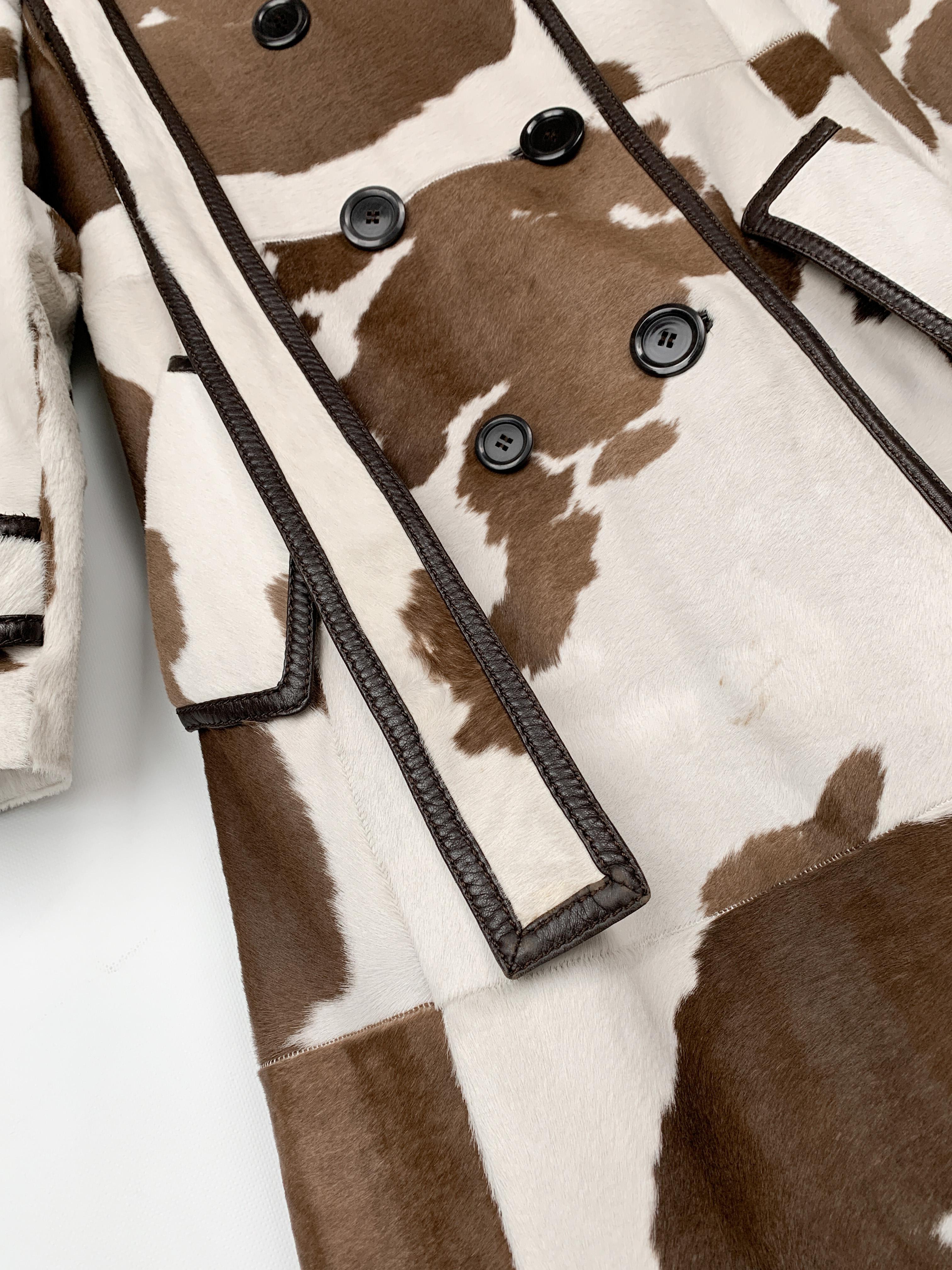 MaxMara runway Fall 2005 cow print calf hair leather long trench coat, sz Medium 12