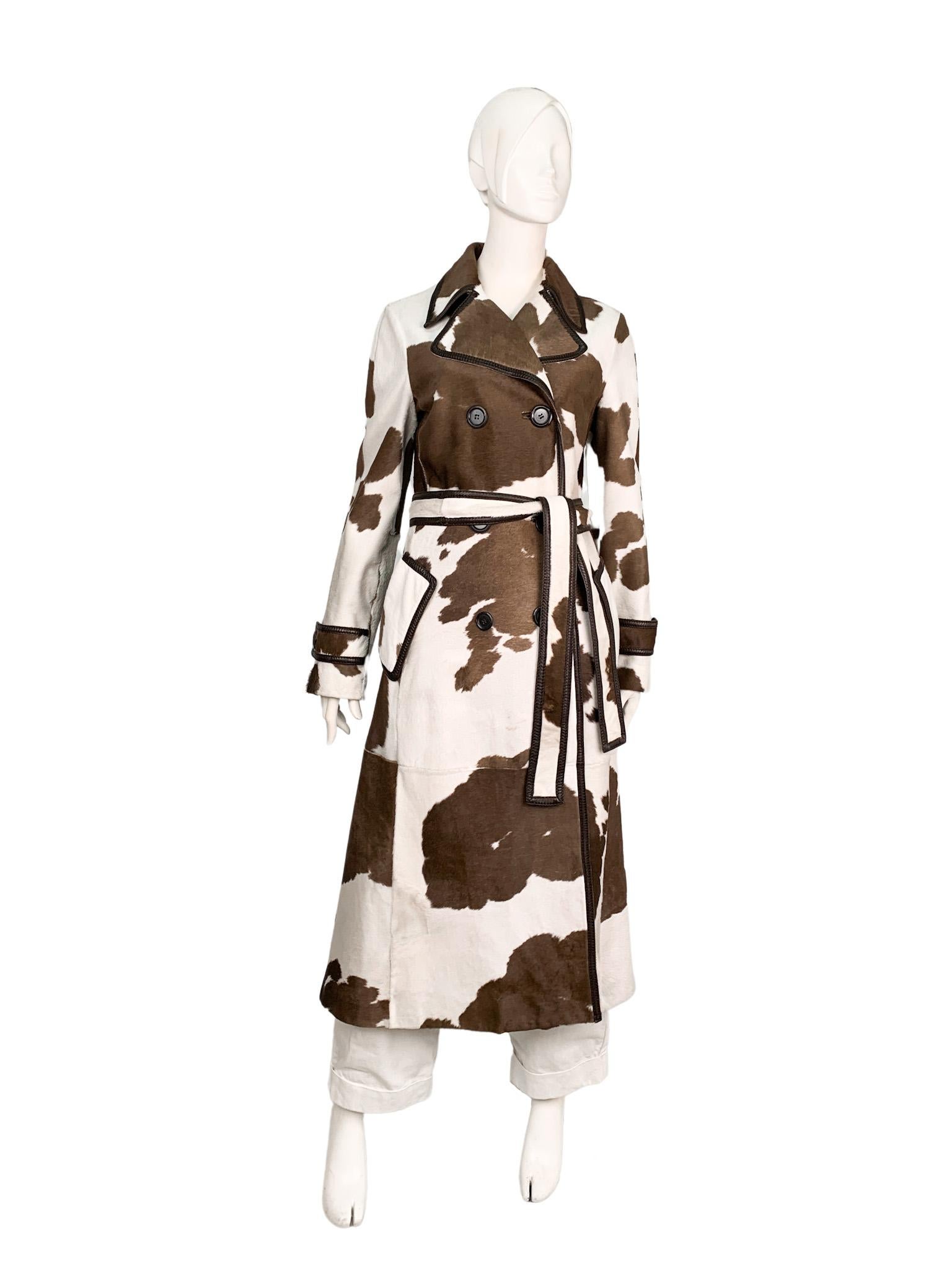 Women's or Men's MaxMara runway Fall 2005 cow print calf hair leather long trench coat, sz Medium