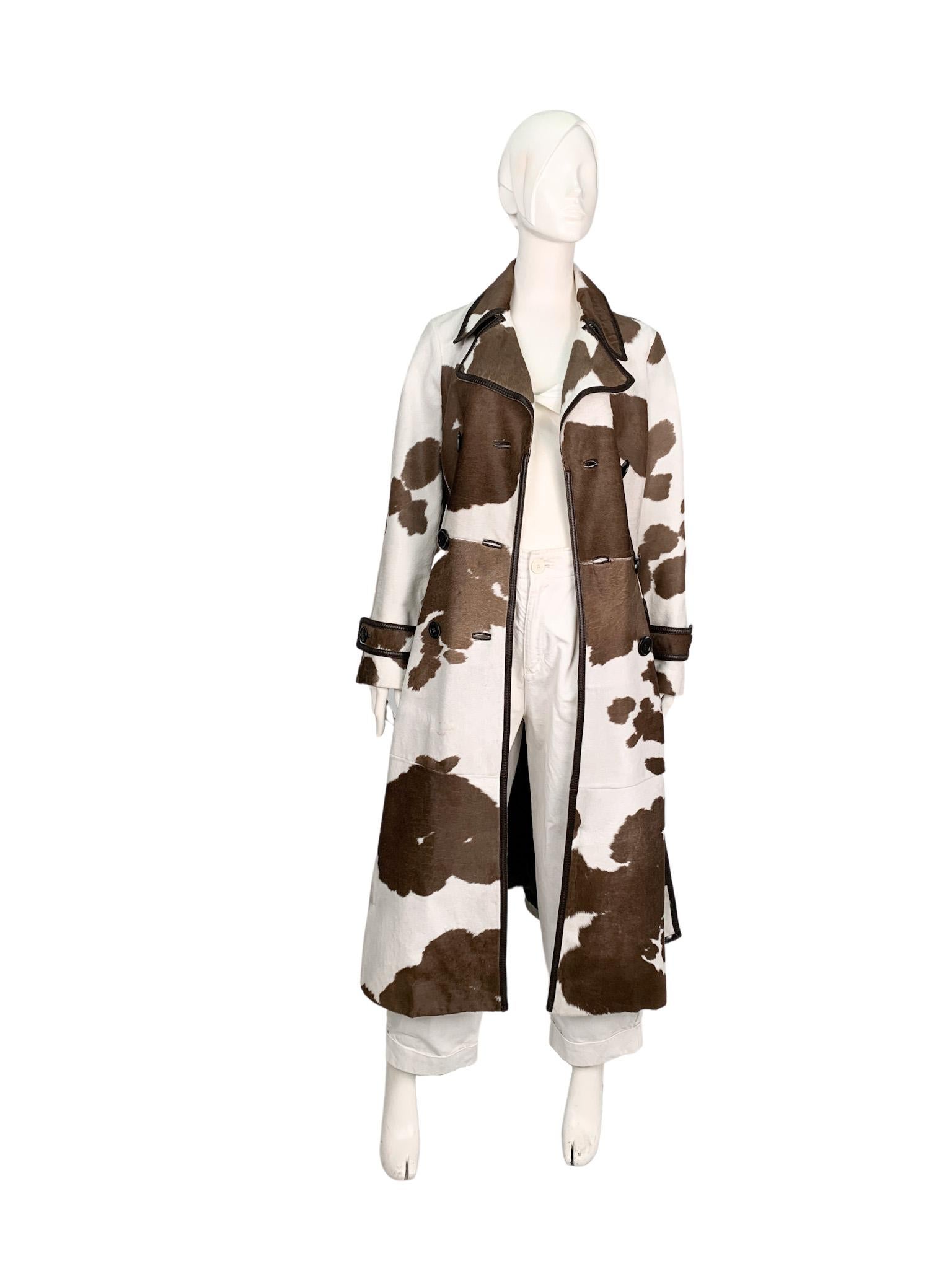 MaxMara runway Fall 2005 cow print calf hair leather long trench coat, sz Medium 1