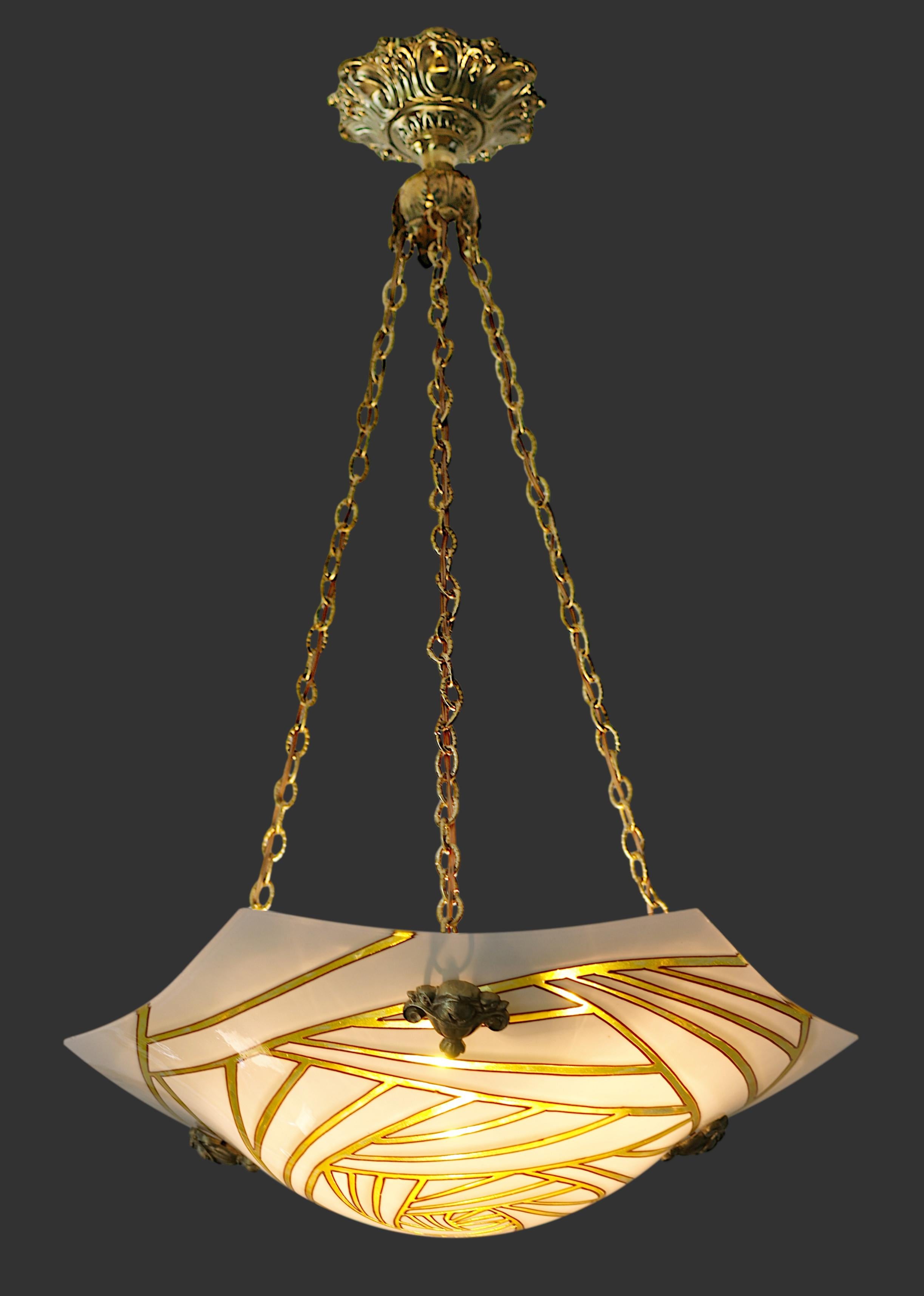 French Art Deco pendant chandelier by MAXONADE, 54bis, rue Labrouste, Paris (15e), France, ca.1930. Enameled glass shade hung at its bronze and br fixture by Charles RANC (Paris). Height : 24.8