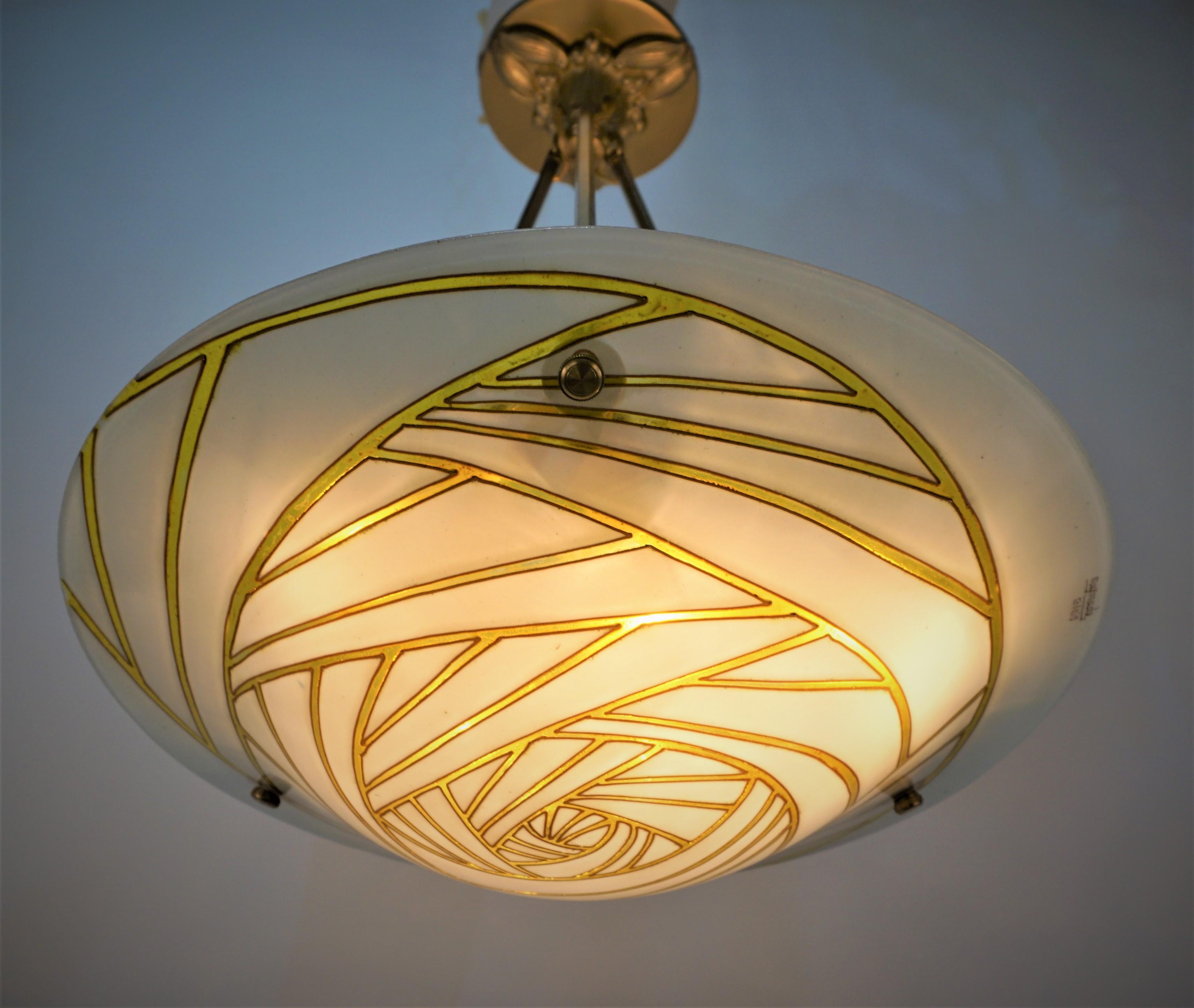 Maxonade Paris - Art Deco glass enamel Pendant chandelier In Good Condition In Fairfax, VA